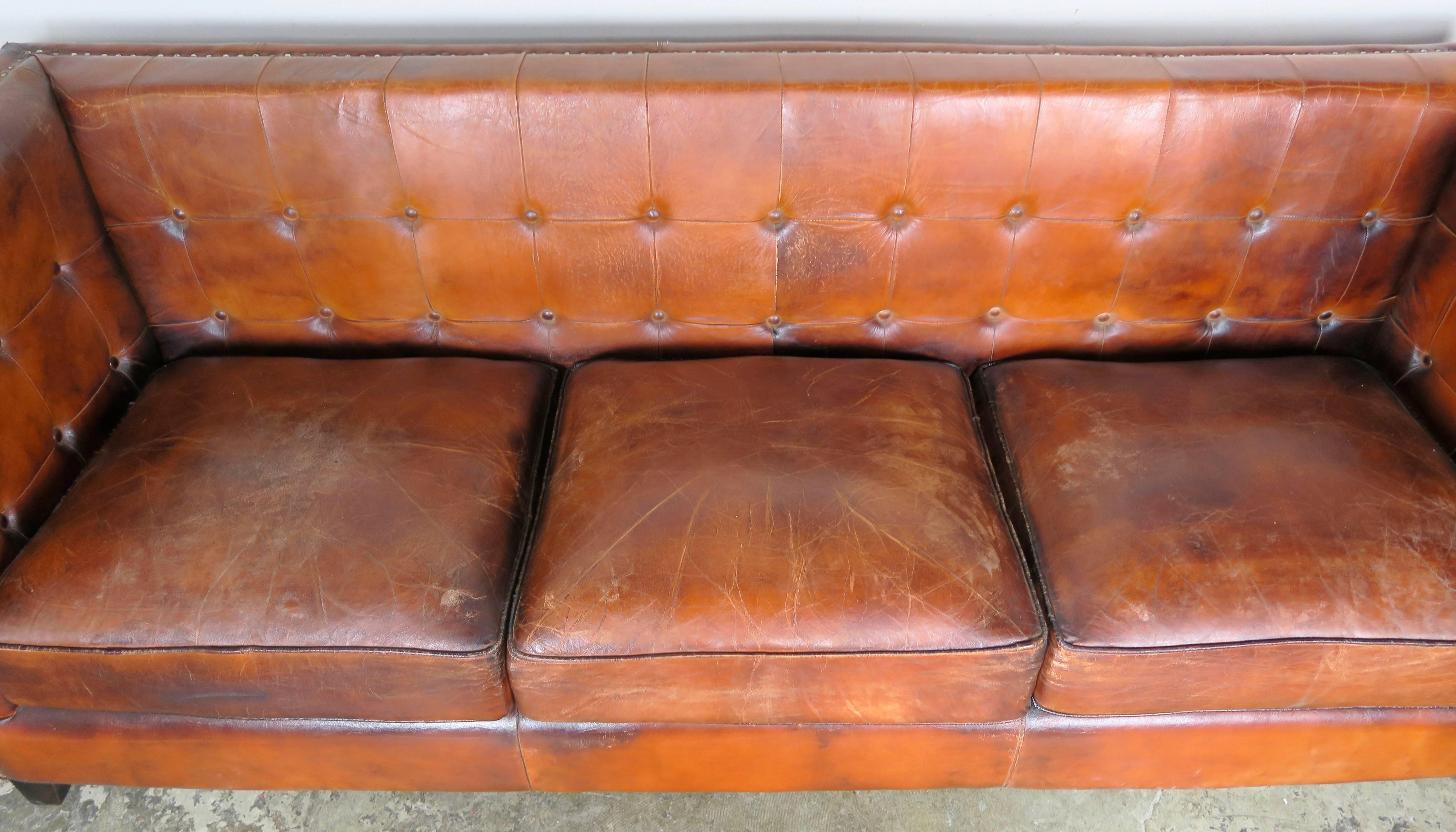 Other Italian Tabaco Colored Leather Sofa, circa 1950s