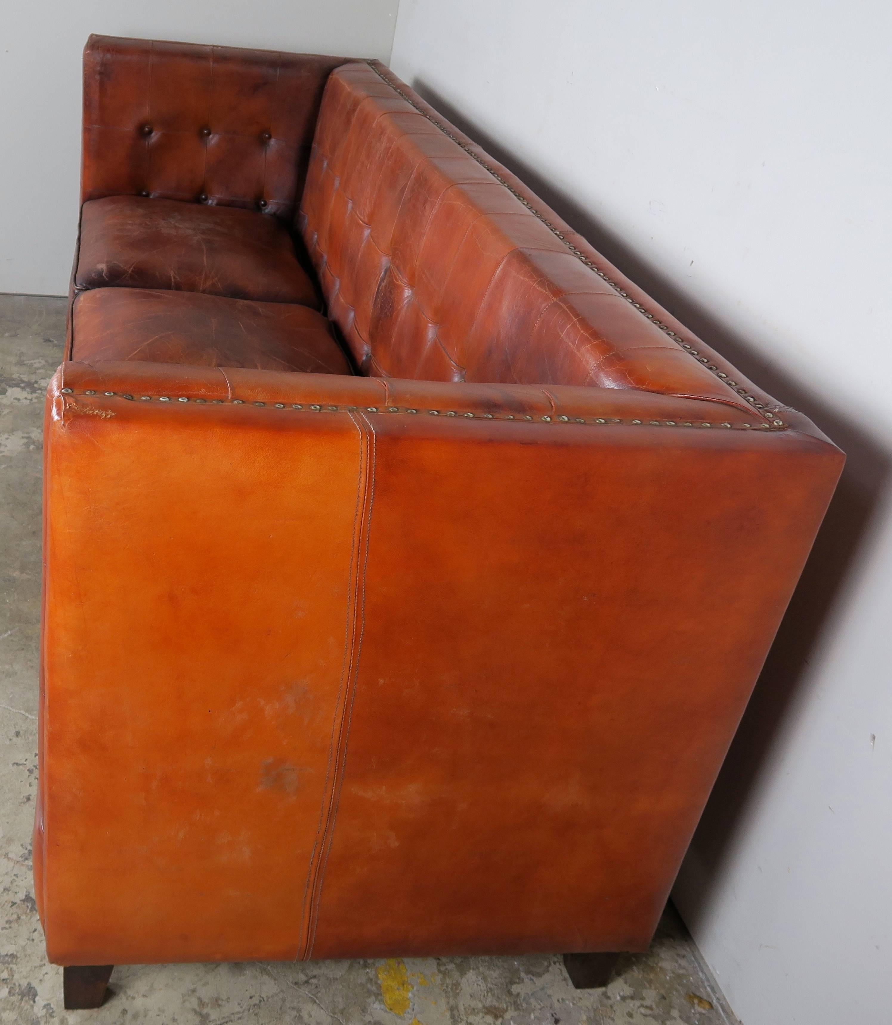 Italian Tabaco Colored Leather Sofa, circa 1950s 4