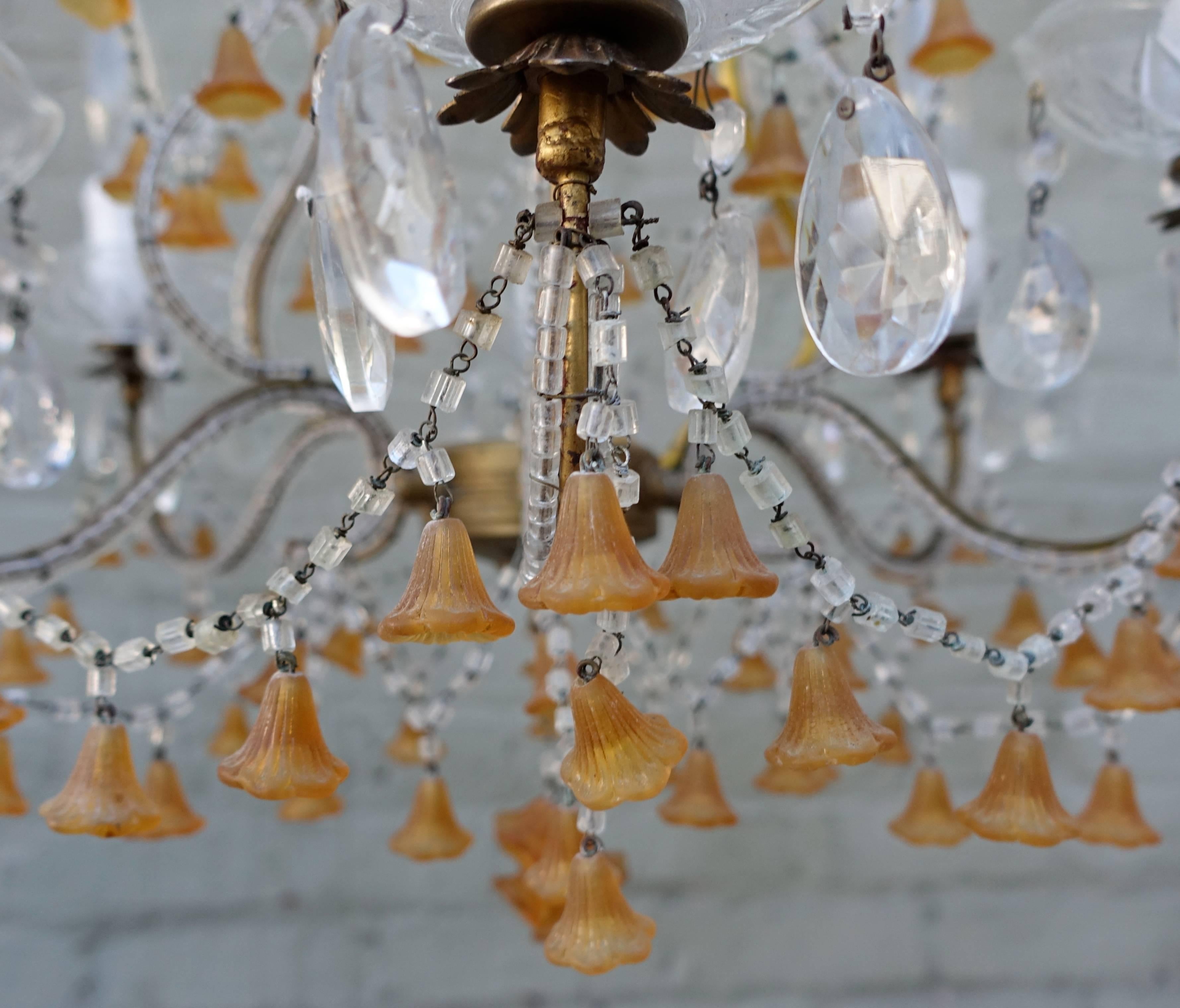 Gilt Six-Light Italian Beaded Murano Crystal Chandelier with Glass Bells