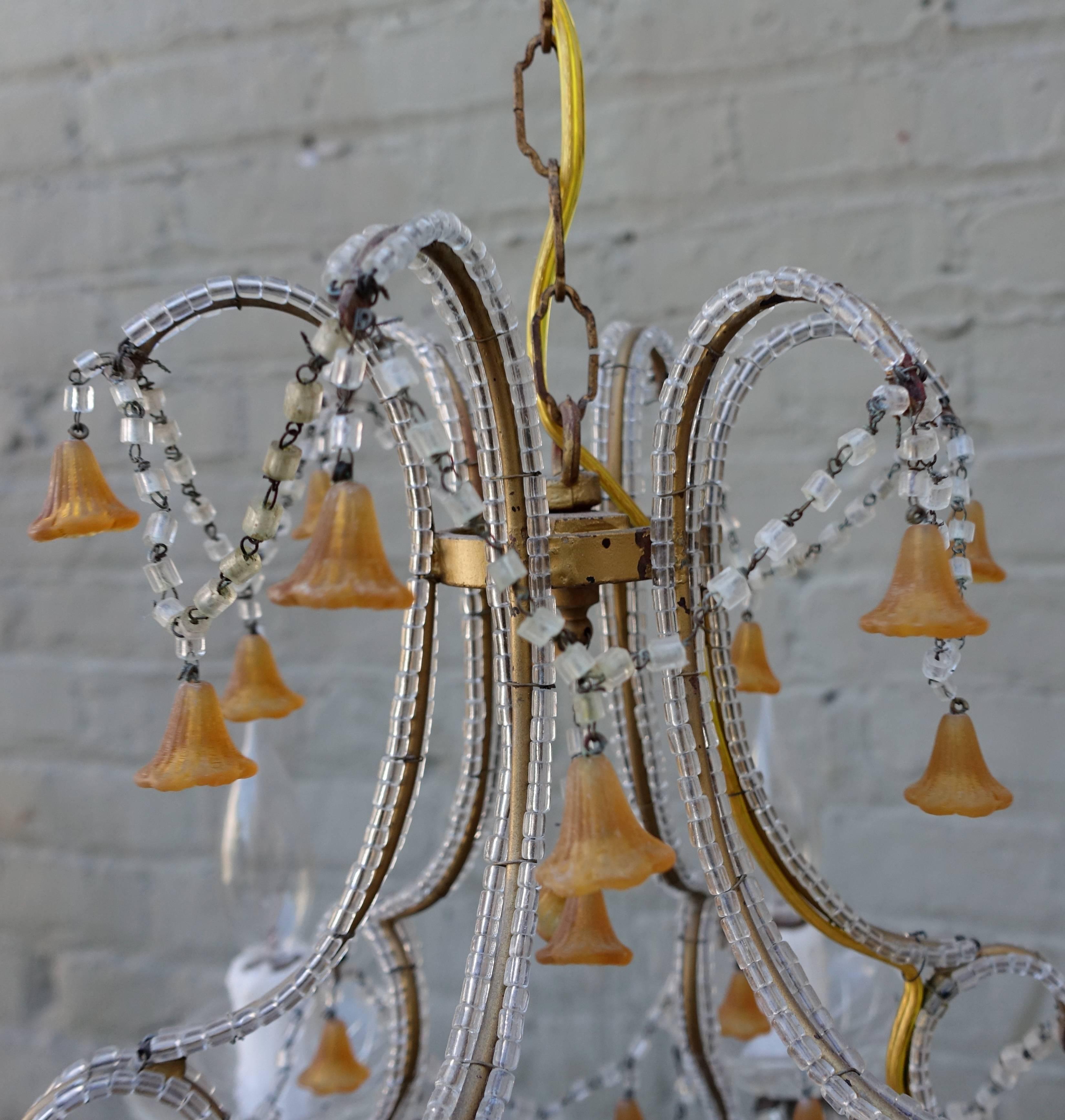 Six-Light Italian Beaded Murano Crystal Chandelier with Glass Bells In Excellent Condition In Los Angeles, CA