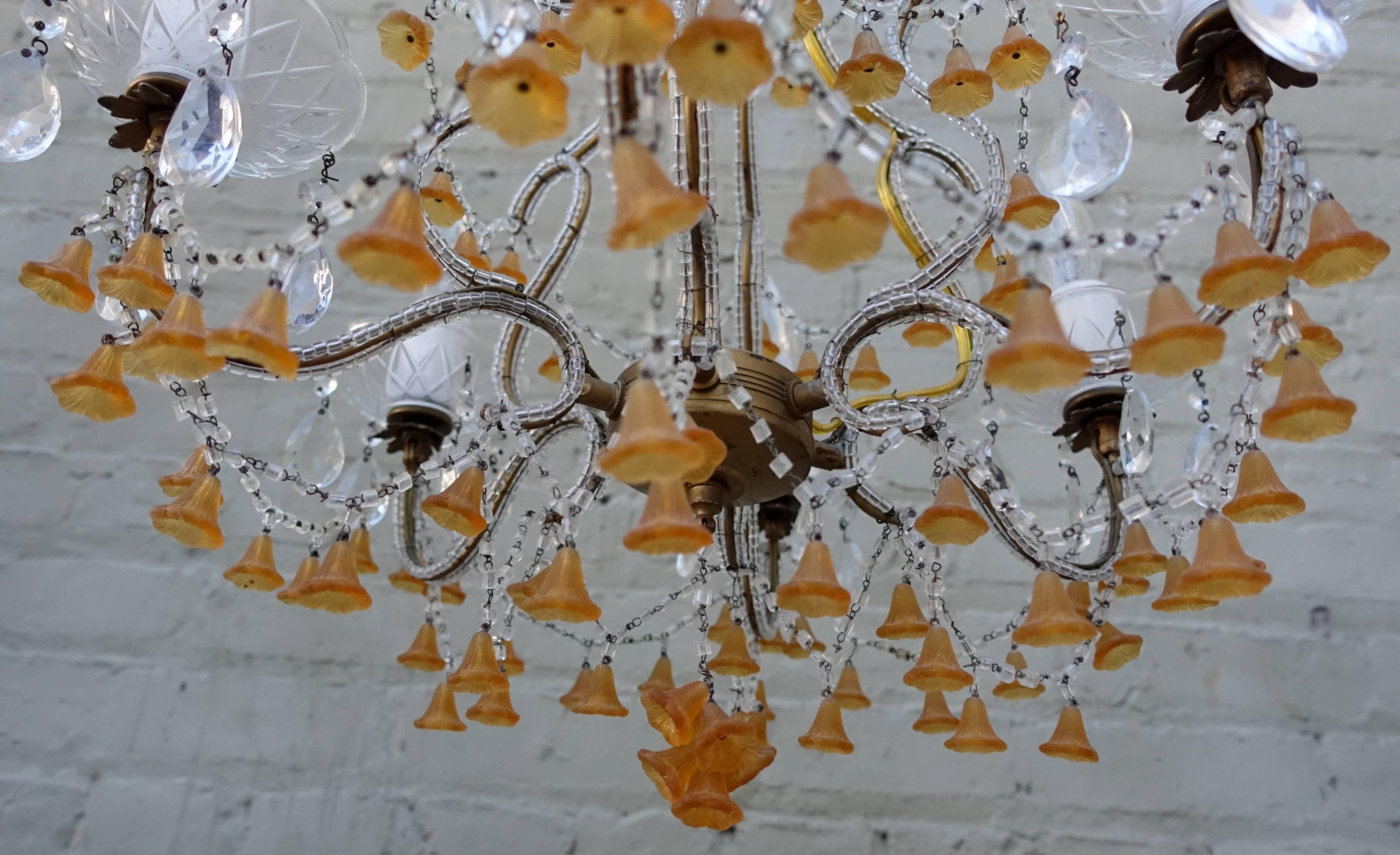 Mid-20th Century Six-Light Italian Beaded Murano Crystal Chandelier with Glass Bells
