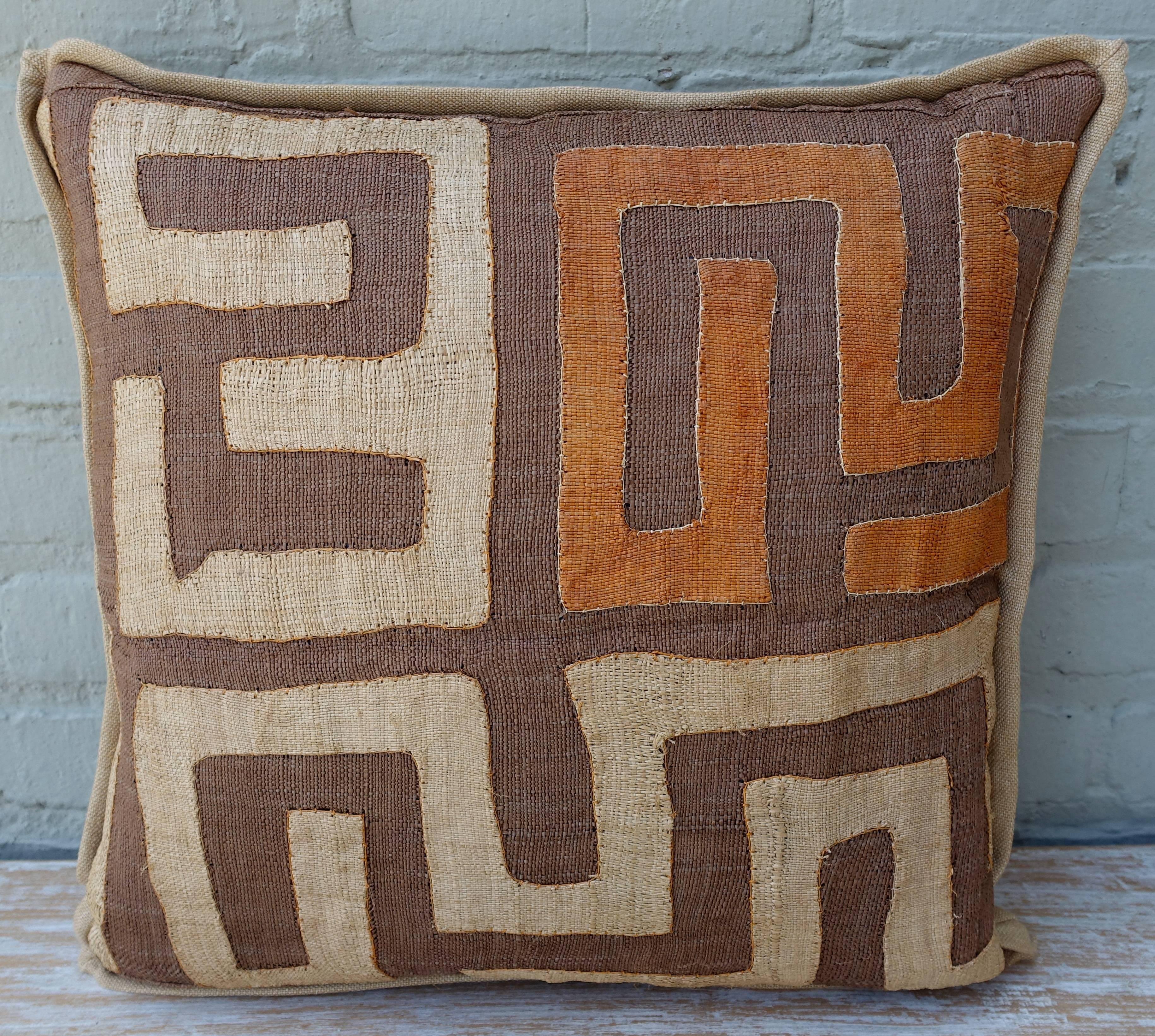 Indian Brown, Wheat and Orange Colored Kuba Cloth Pillows, Pair
