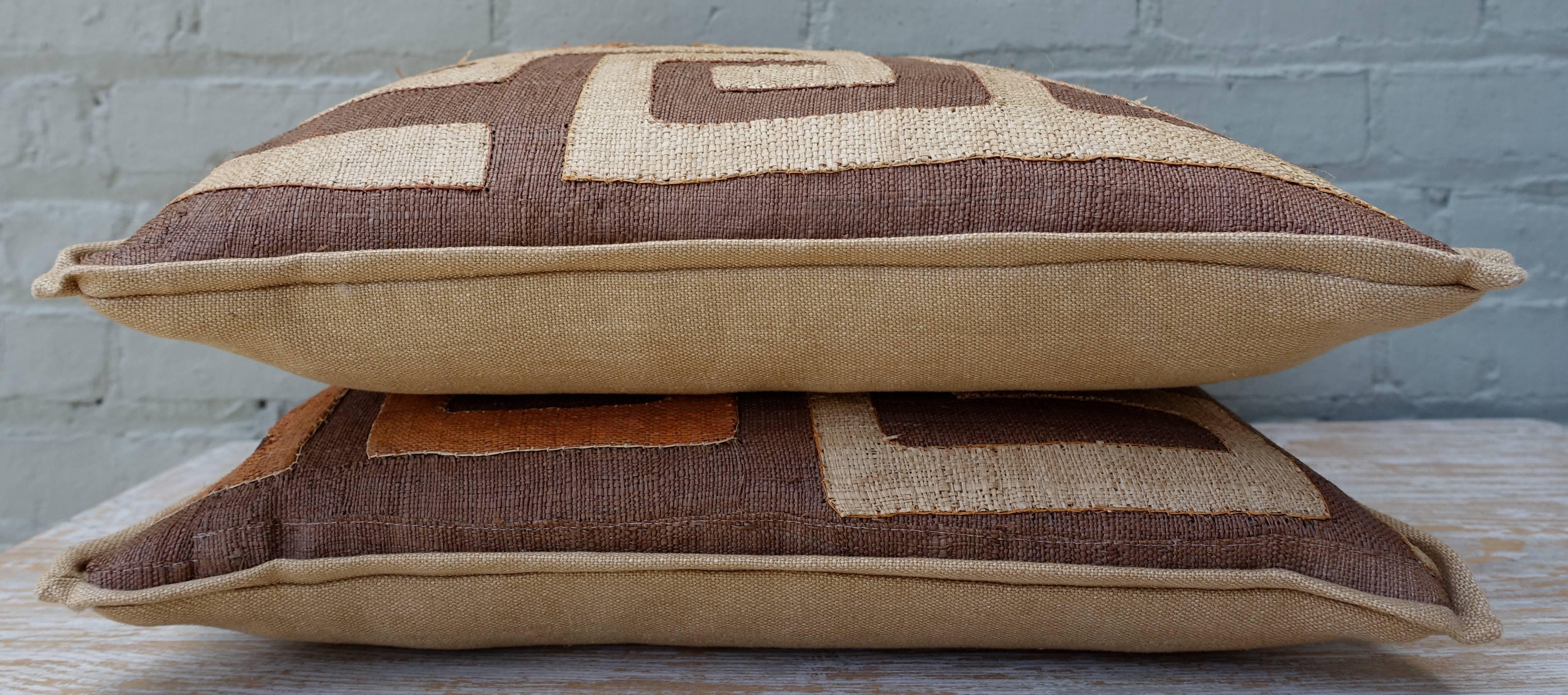 Brown, Wheat and Orange Colored Kuba Cloth Pillows, Pair 1
