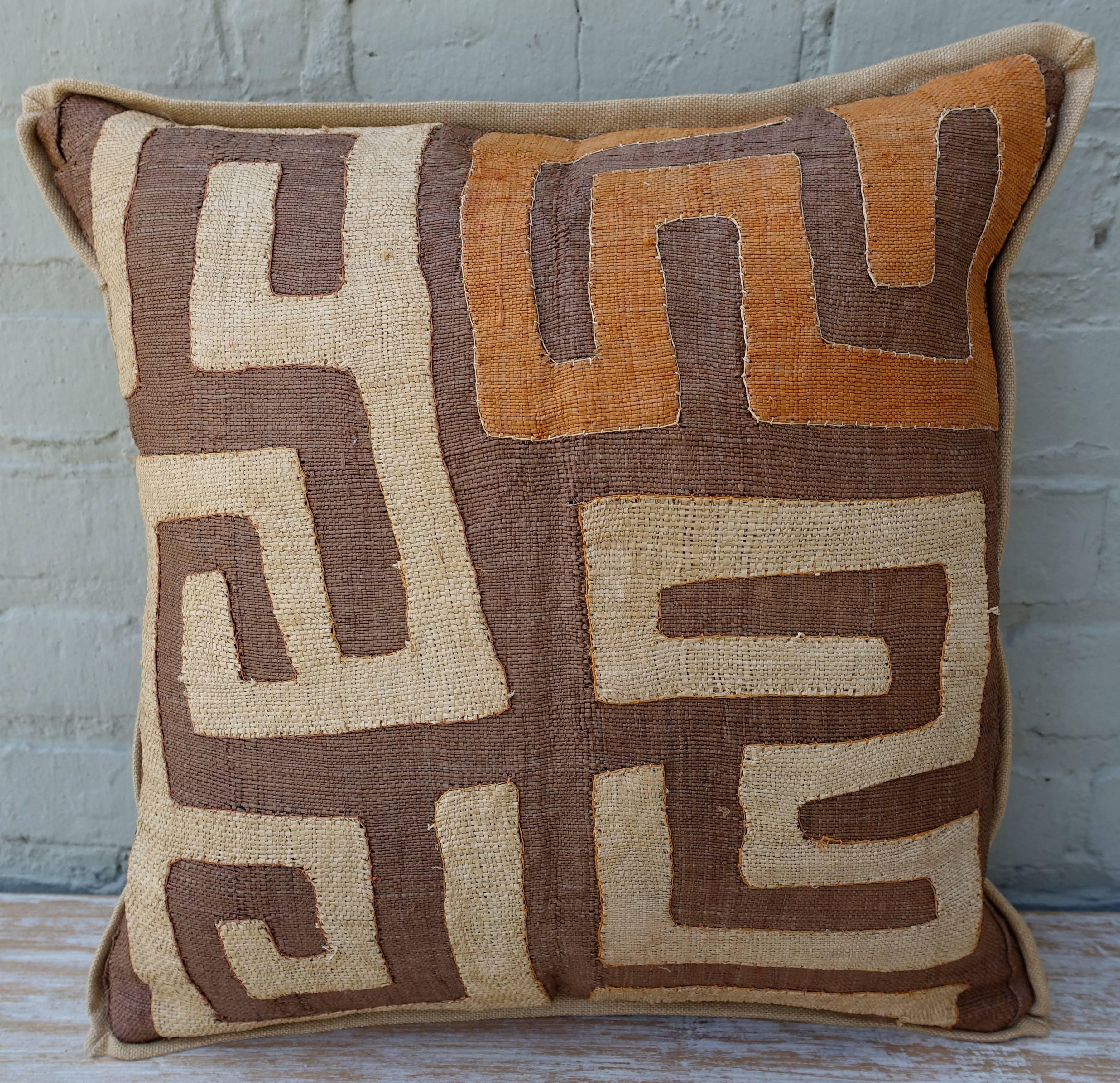 Tribal Brown, Wheat and Orange Colored Kuba Cloth Pillows, Pair
