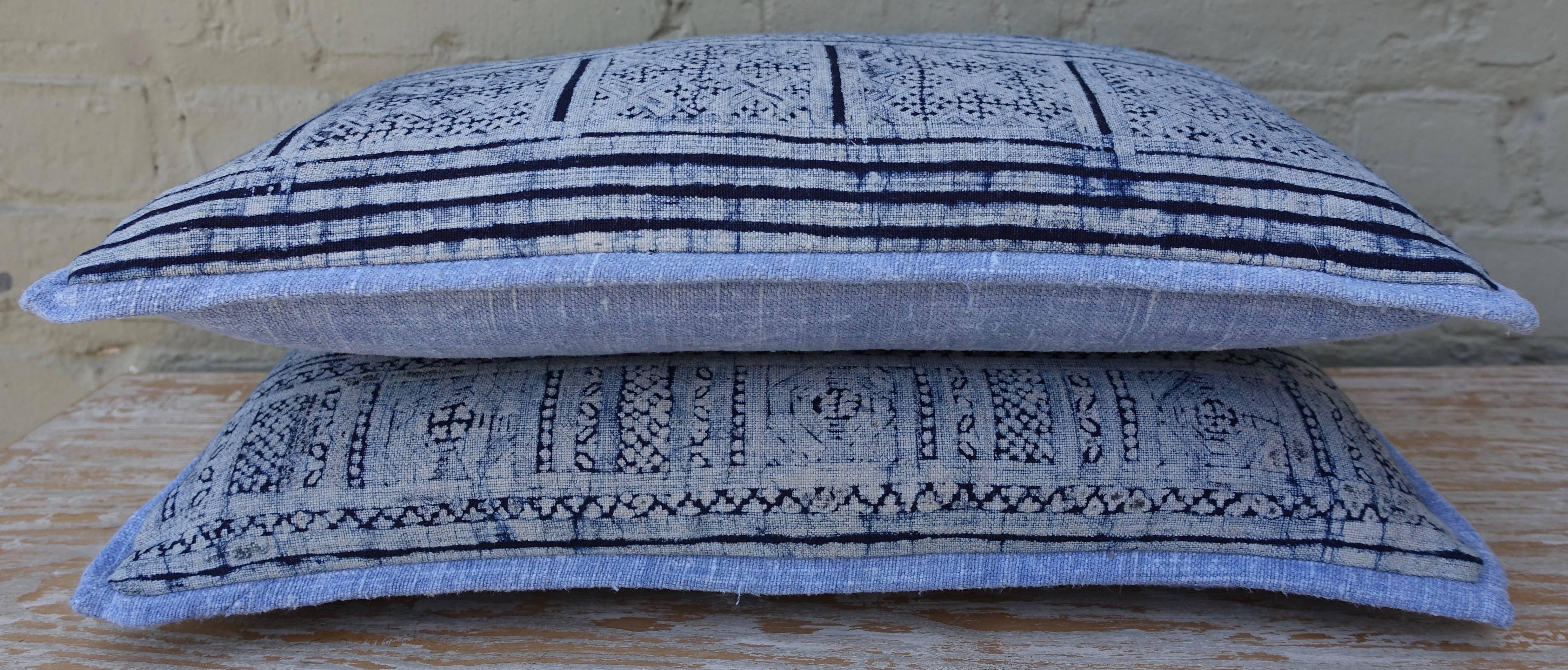 Cotton Navy and Light Blue Patterned Batik Pillows, Pair