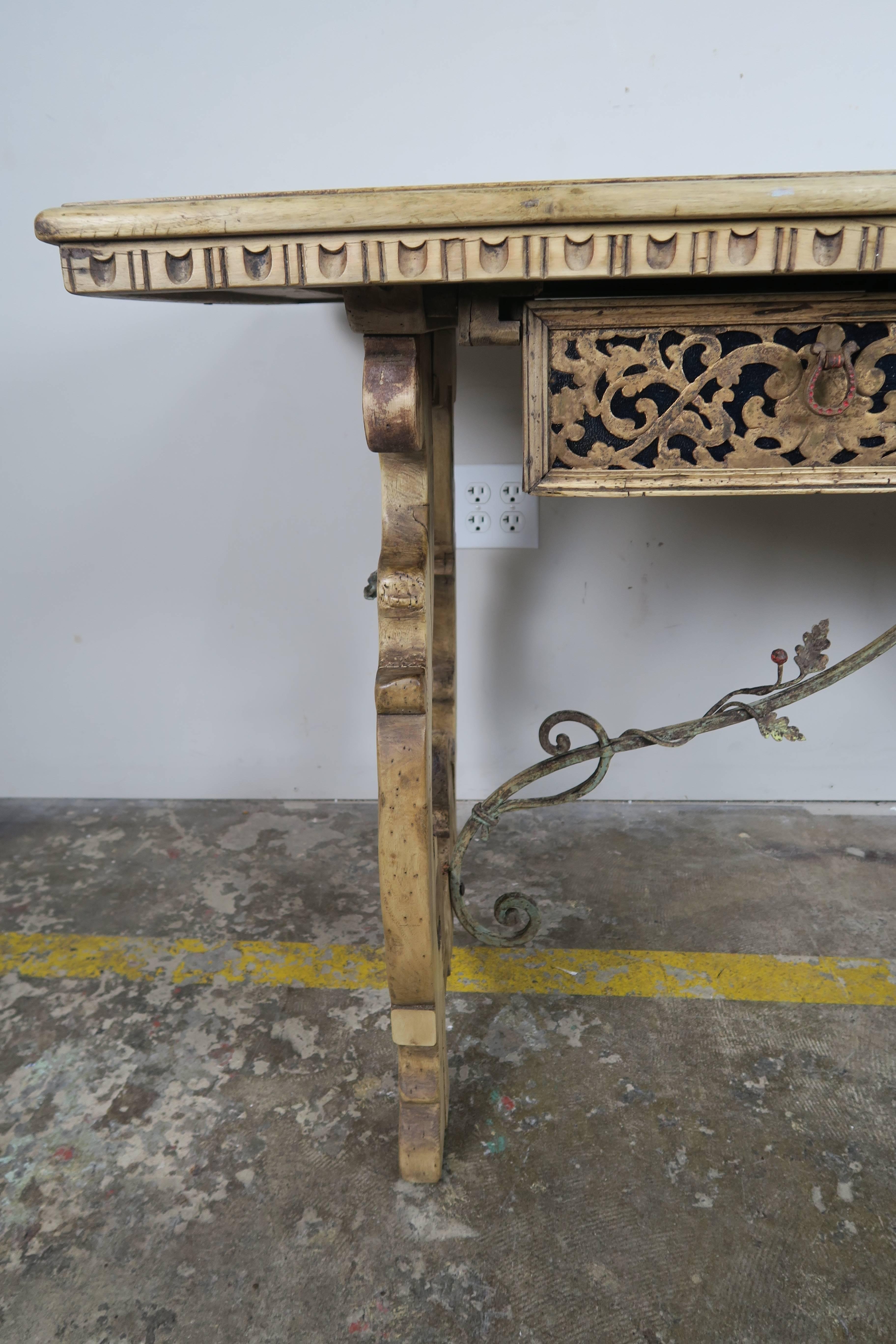 Spanish 19th Century Natural Walnut and Wrought Iron Desk