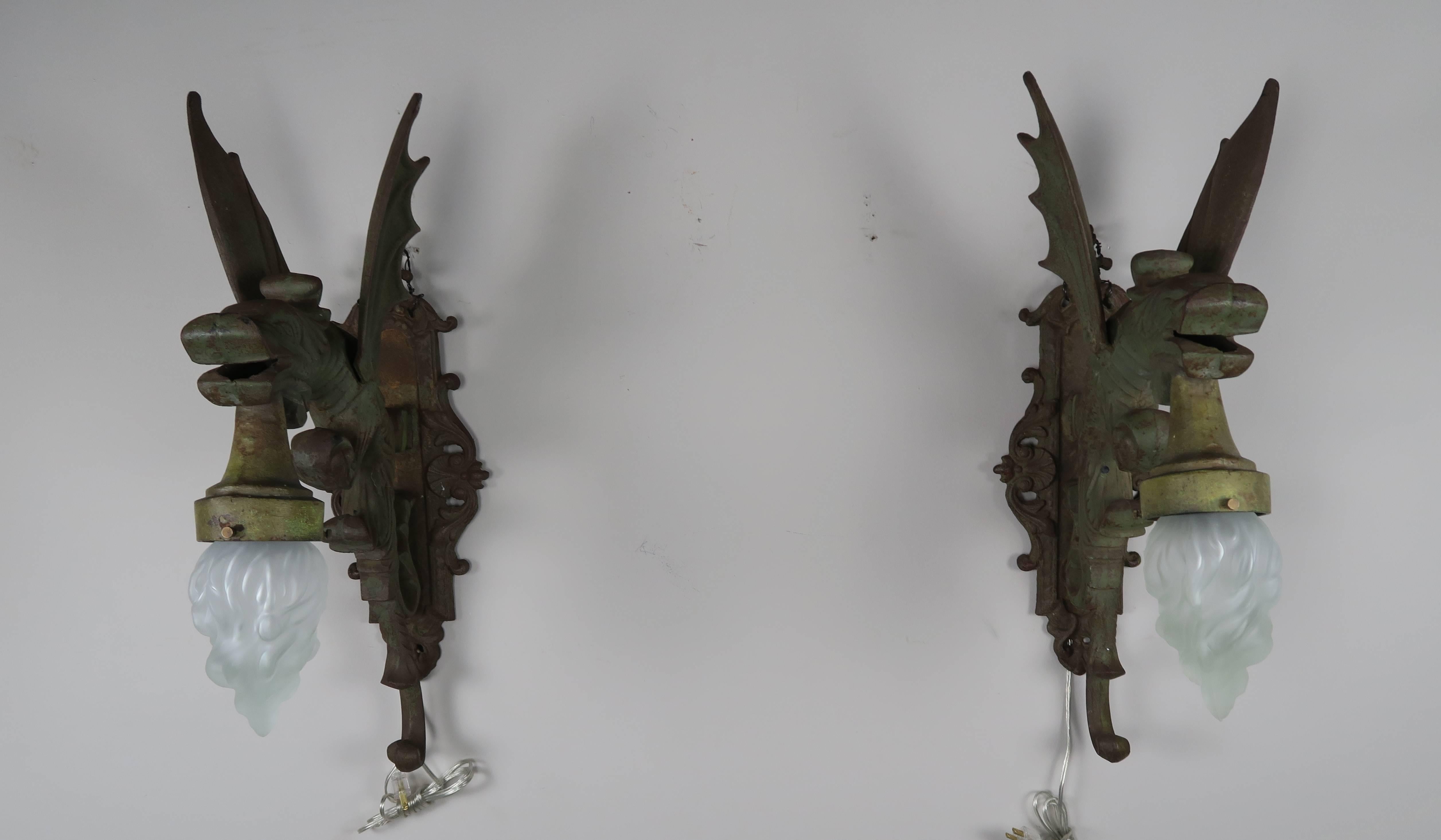 Pair of Gothic Style Dragon Sconces with Glass Bulbs 1