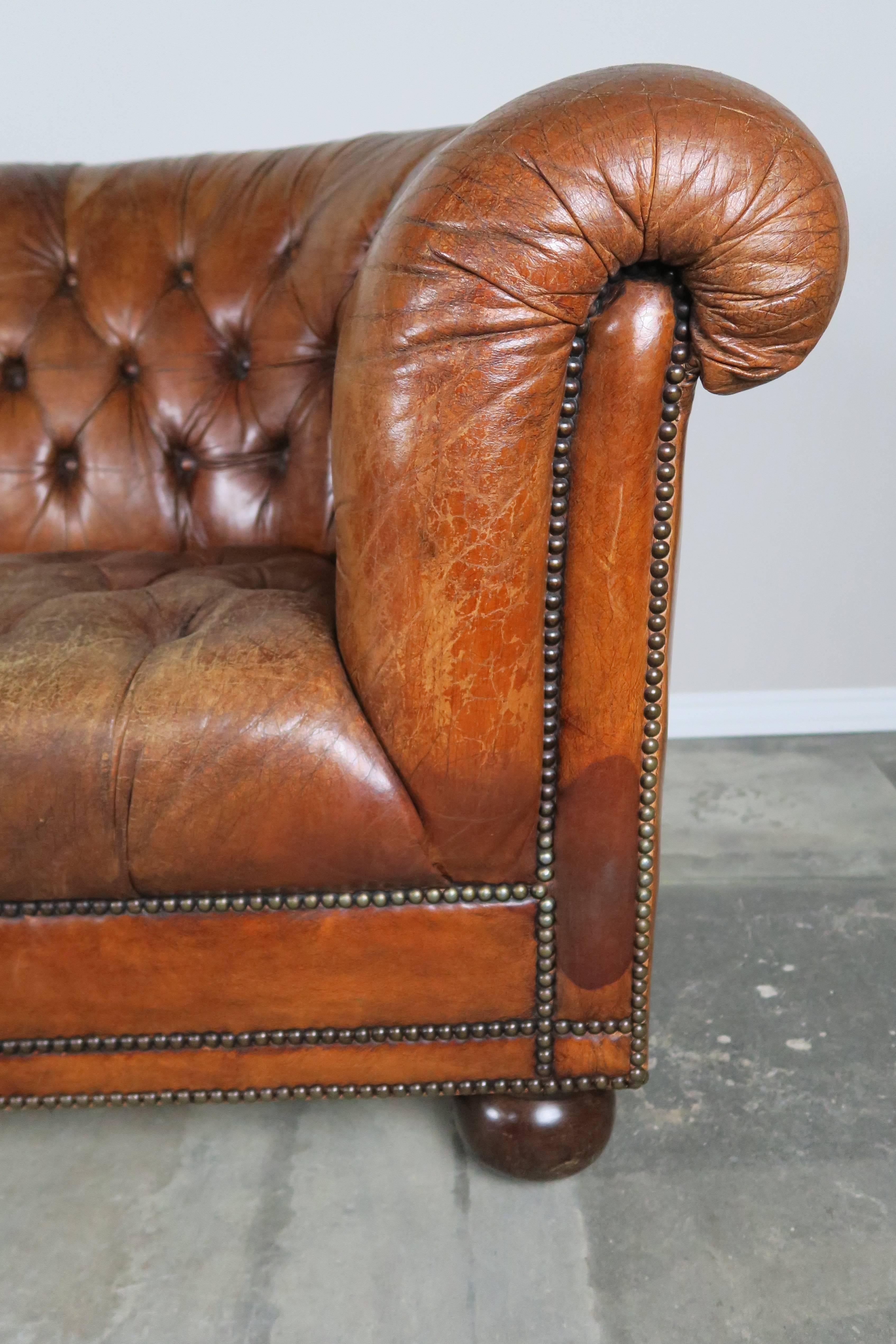 English Leather Chesterfield Sofa, circa 1940s In Distressed Condition In Los Angeles, CA