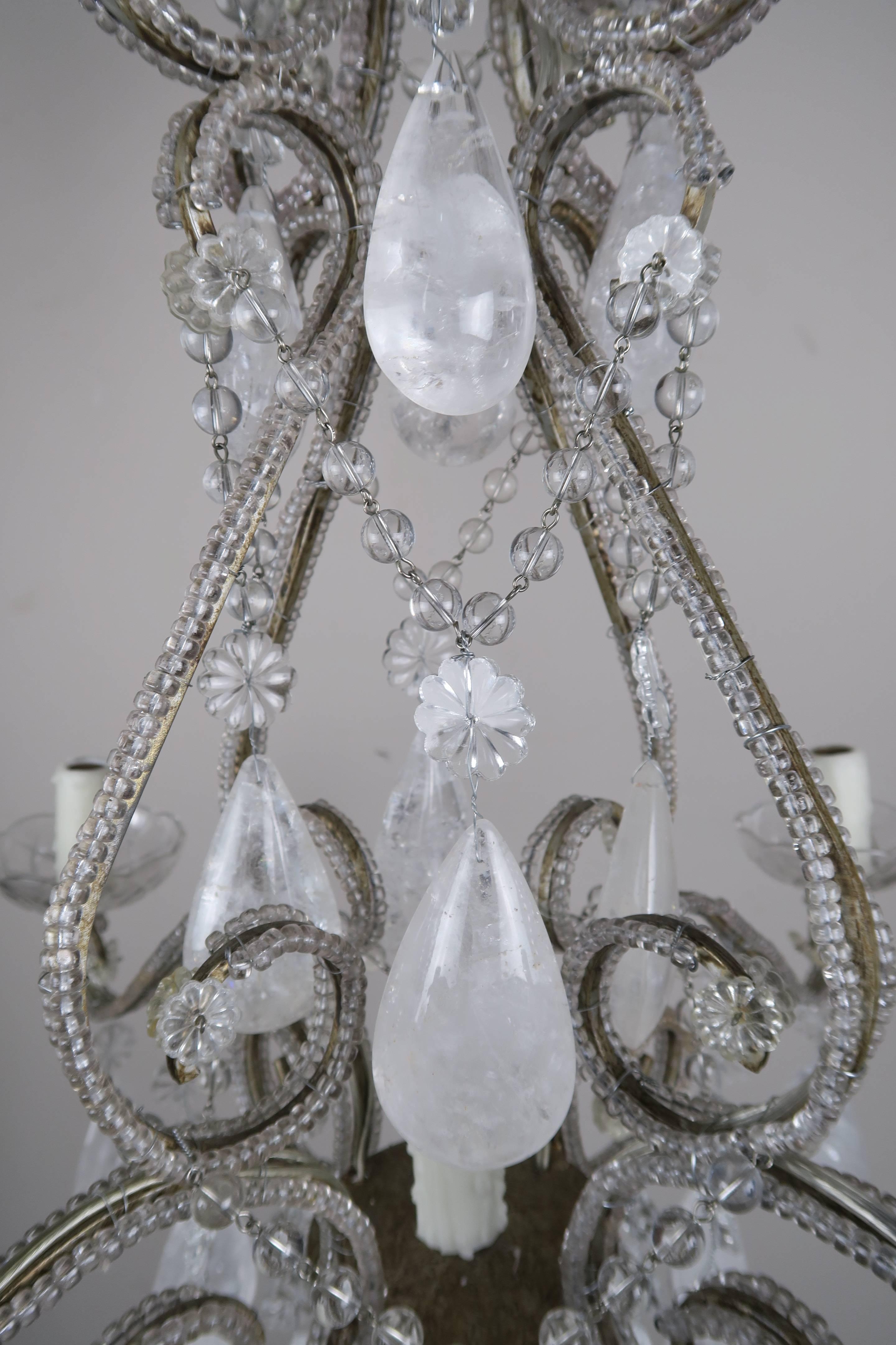 Five-Light Rock Crystal Beaded Chandelier In Excellent Condition In Los Angeles, CA