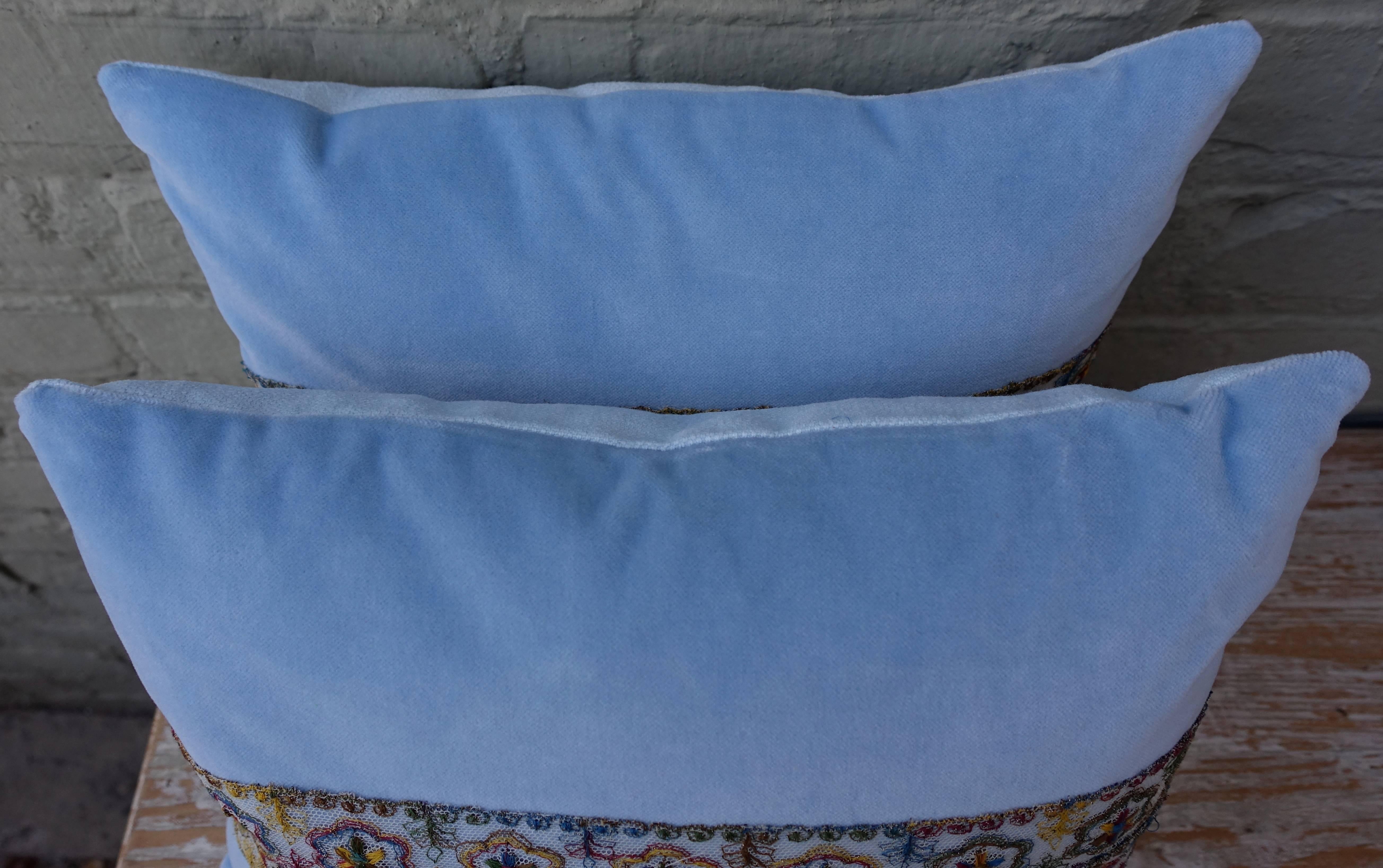 Other Sky Blue Silk Velvet Pillows Delicate Lace Applique, Pair