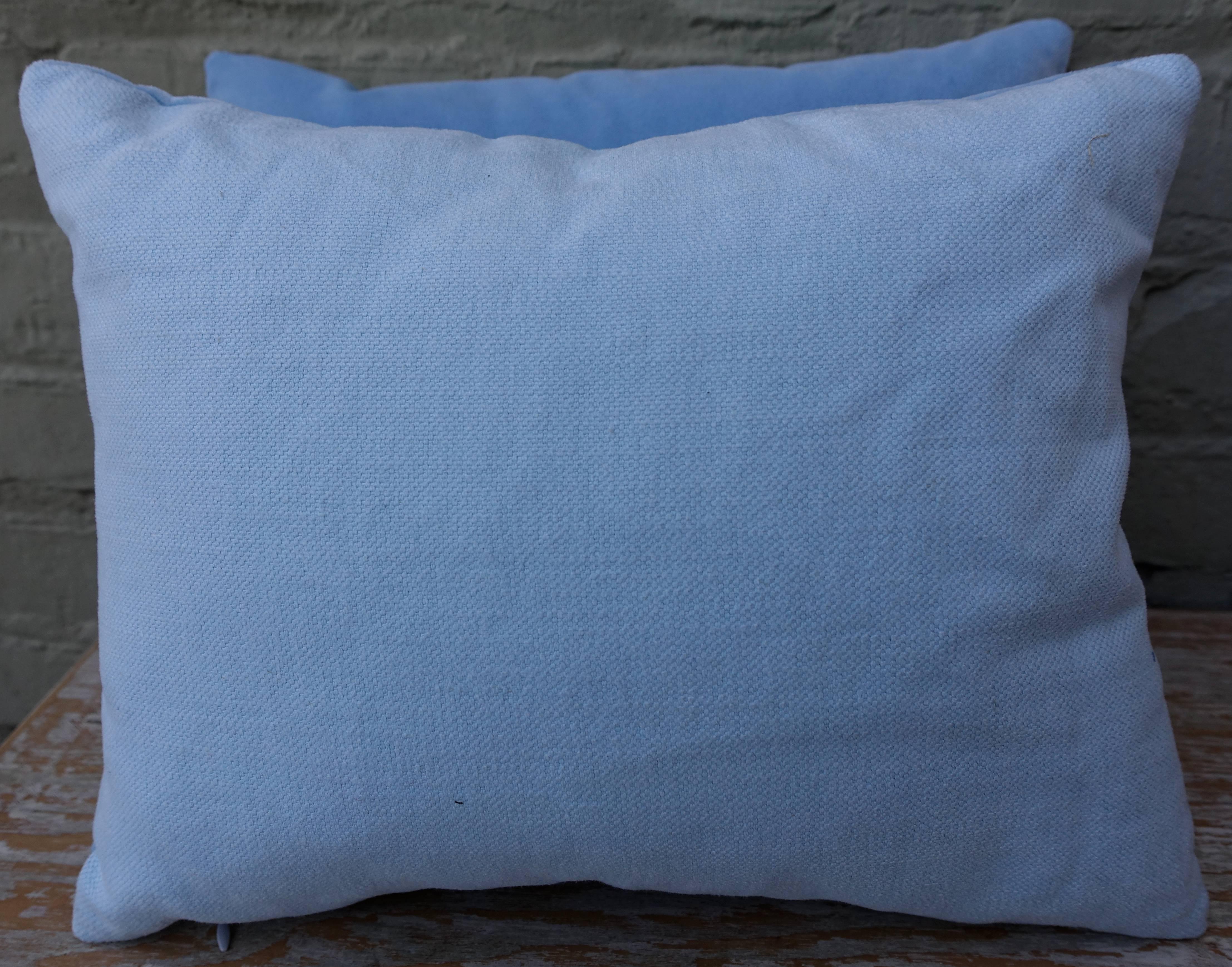 American Sky Blue Silk Velvet Pillows Delicate Lace Applique, Pair
