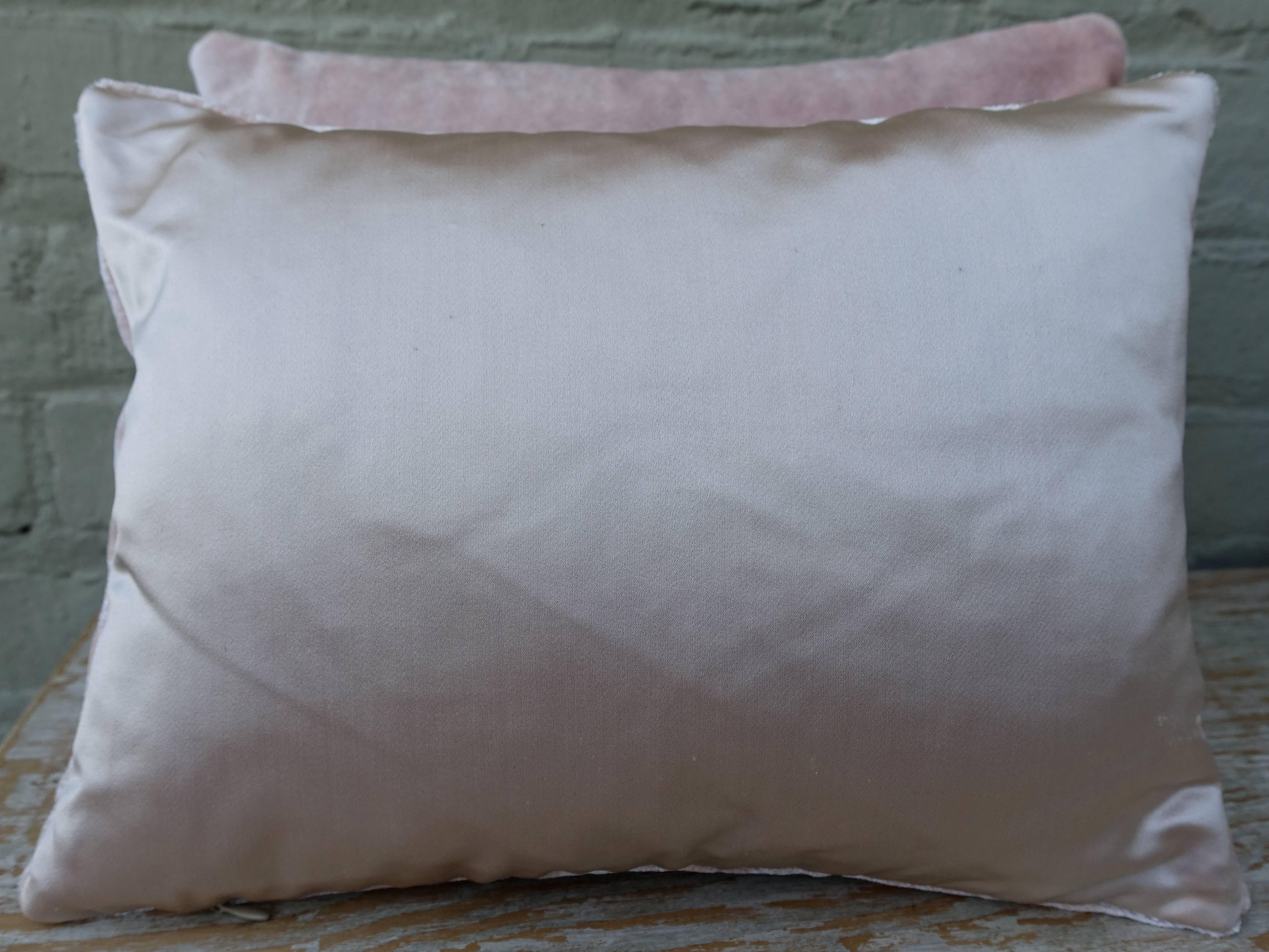 French Pink Silk Velvet Pillows with Metallic and Chenille Applique, Pair