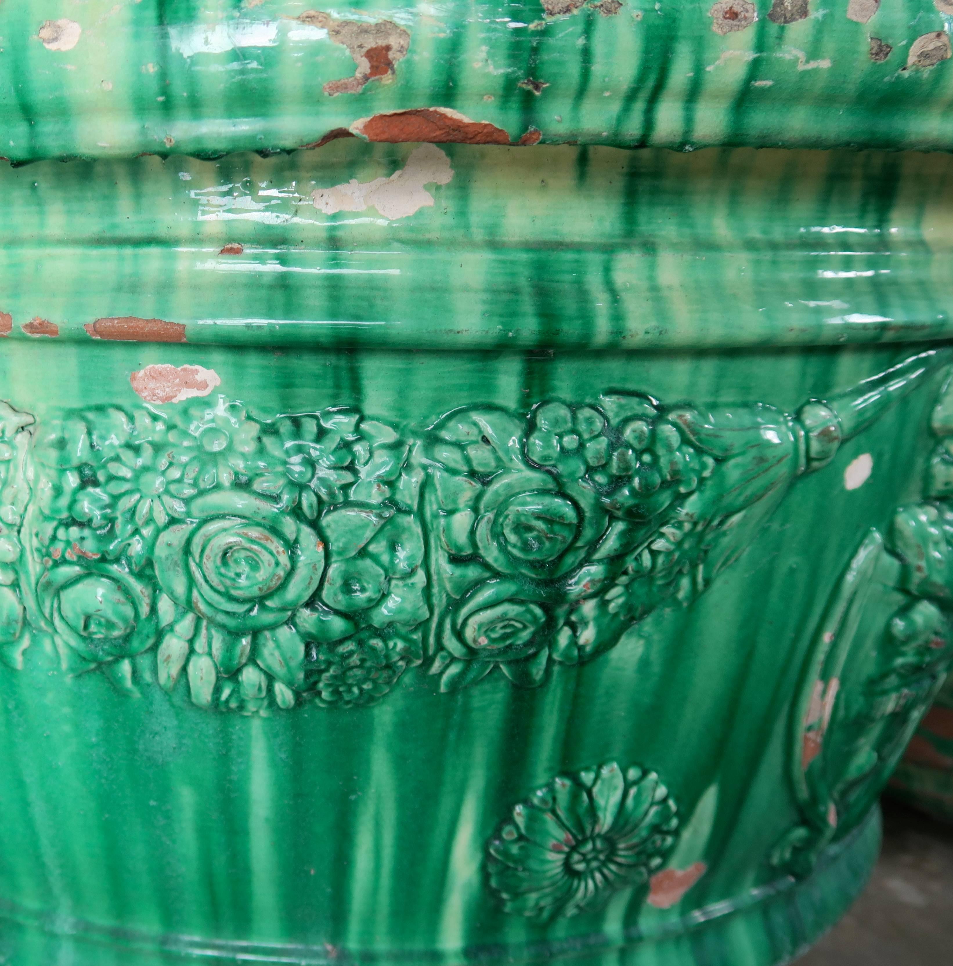 Pair of Monumental Size Italian Terra Cotta Glazed Green Planters In Distressed Condition In Los Angeles, CA