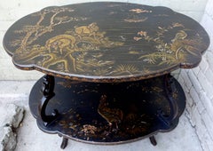 English Scalloped Black and Gold Chinoiserie Table