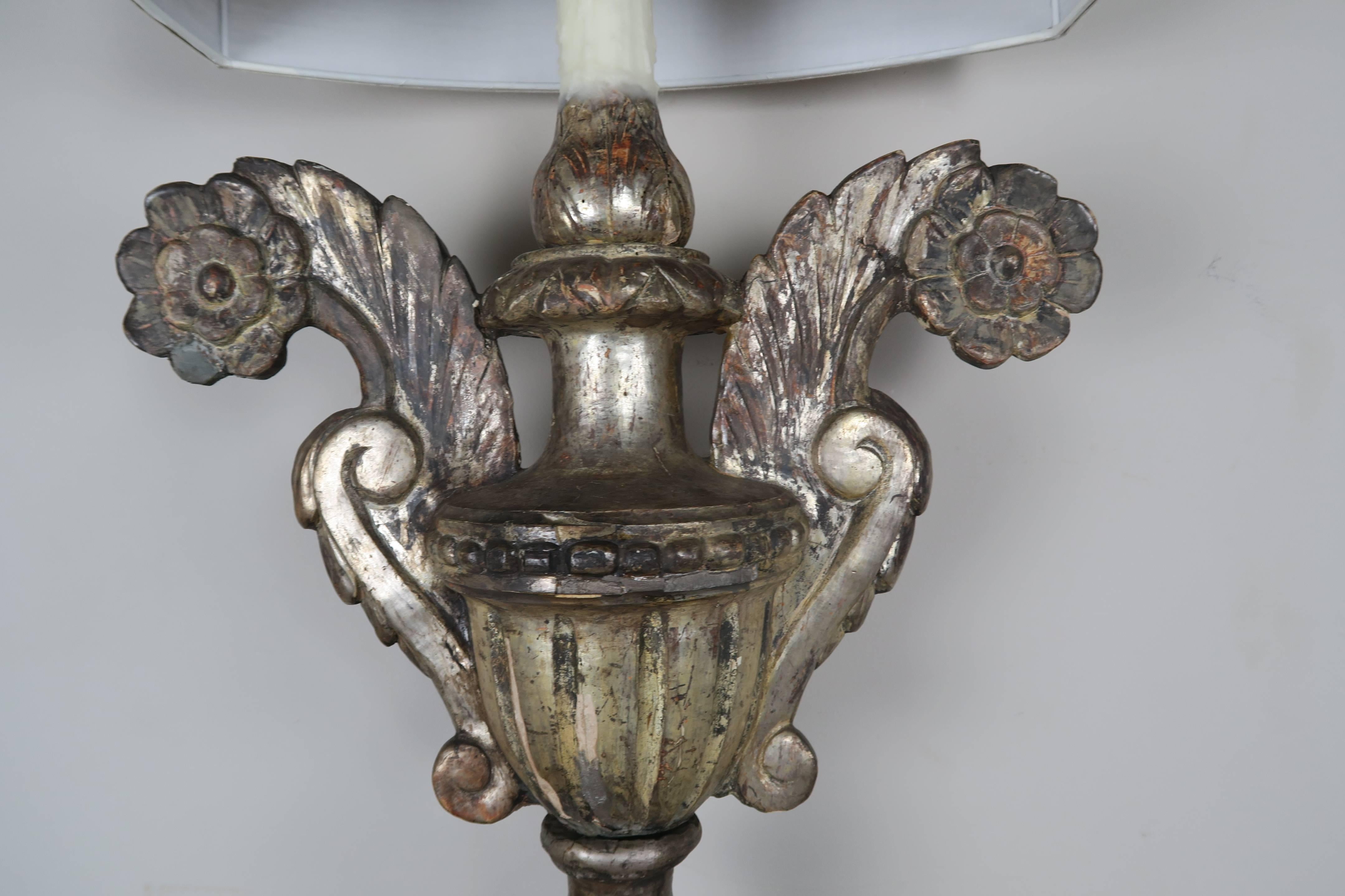 Baroque 19th Century Silvered Urn Lamps with Linen Shades, Pair