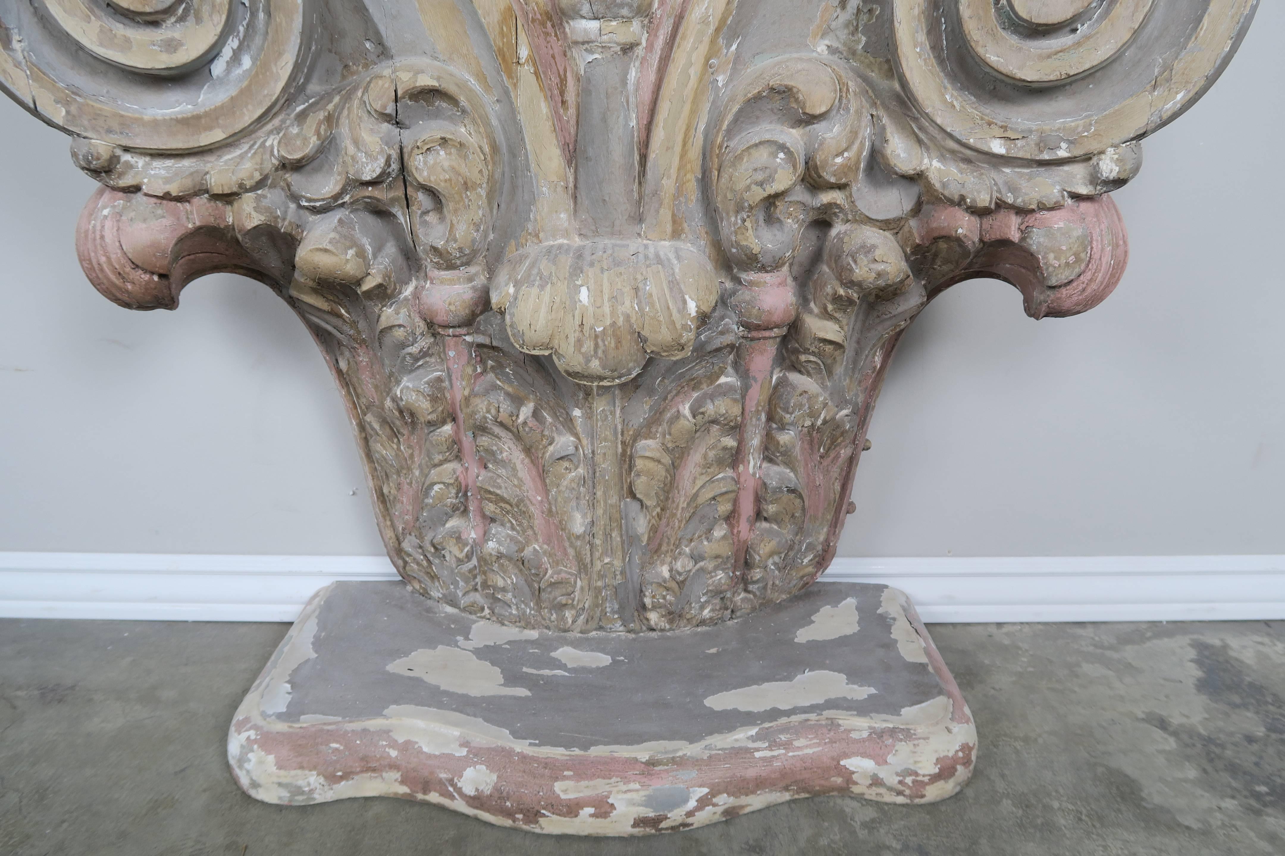 Italian Carved Painted Capital Console, circa 1930 In Distressed Condition In Los Angeles, CA
