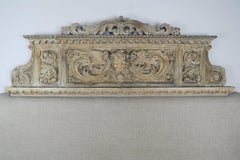 Linen Headboard Made with 19th Century Carved Panel with Cherub Face
