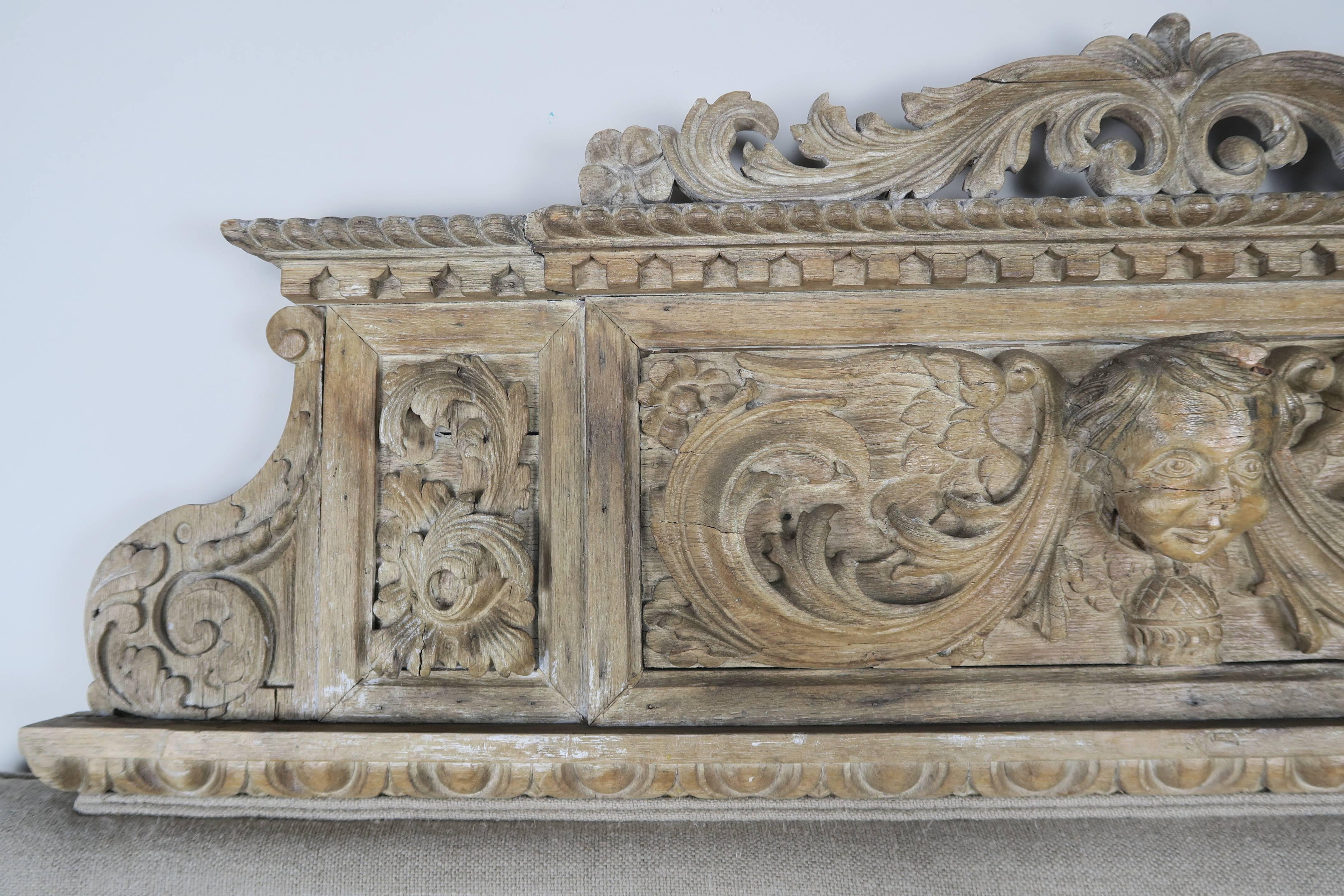 Italian Linen Headboard Made with 19th Century Carved Panel with Cherub Face