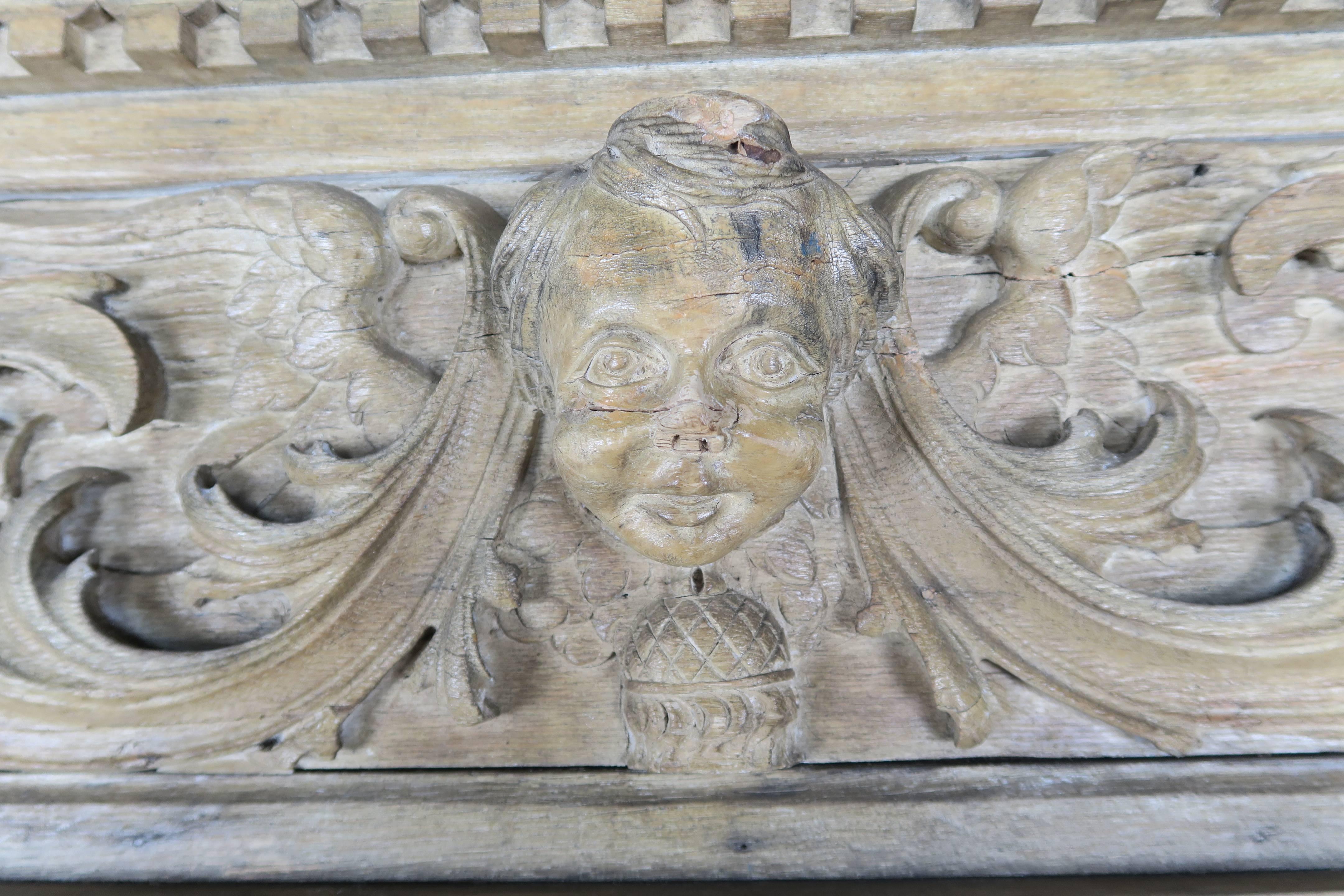 Wood Linen Headboard Made with 19th Century Carved Panel with Cherub Face