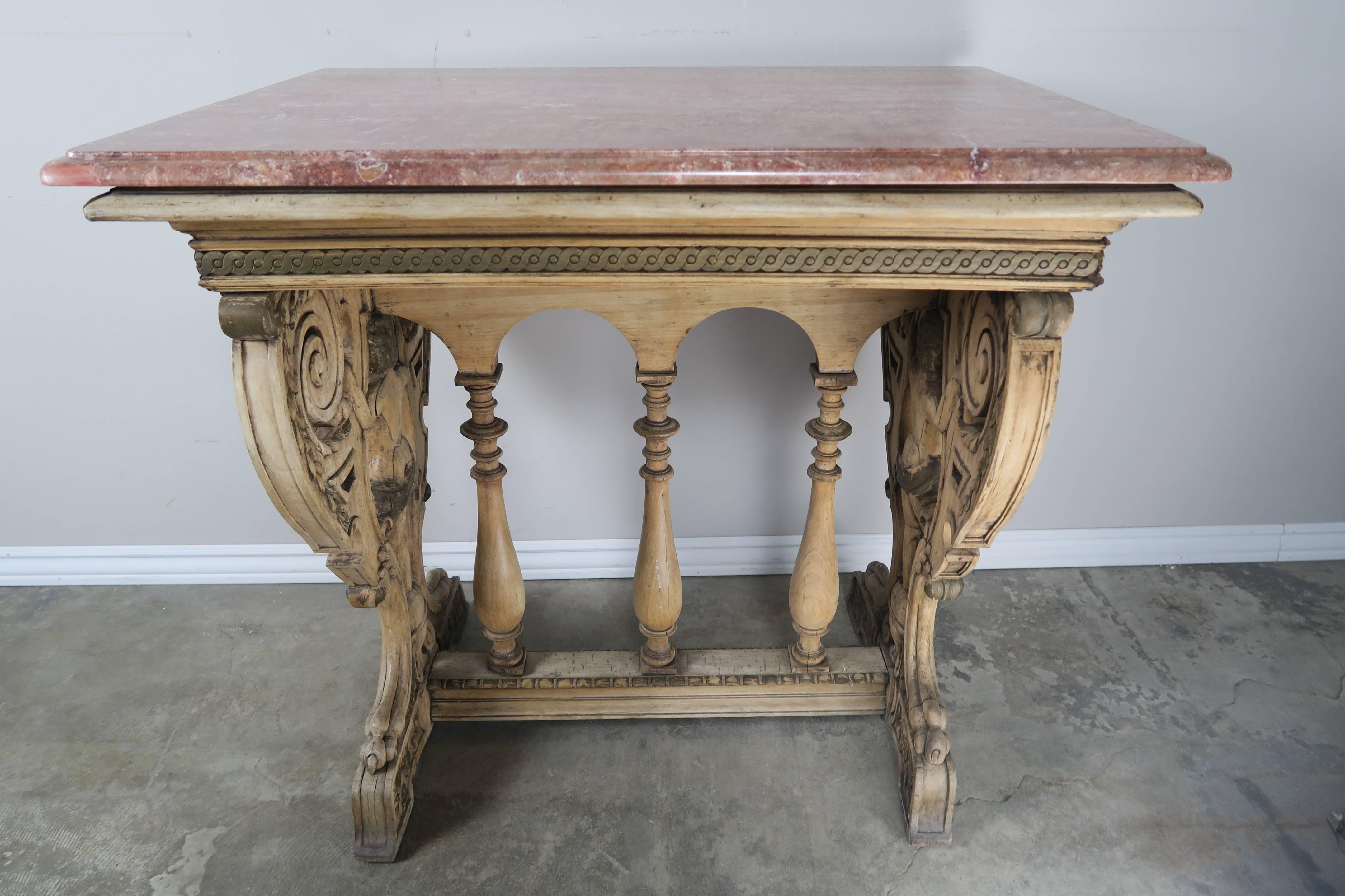 Neoclassical 19th Century Carved Italian Walnut Figural Marble-Top Table