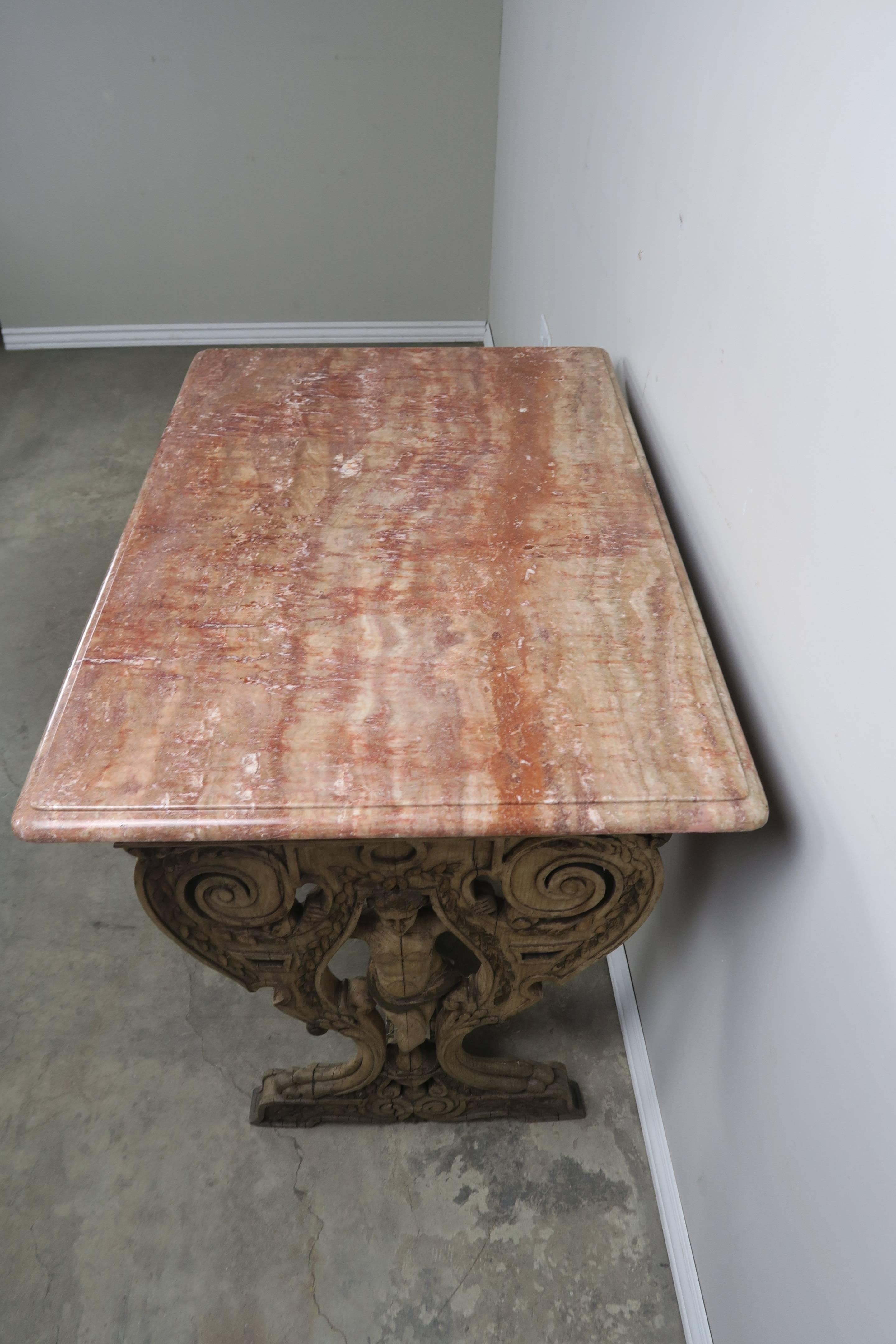 19th Century Carved Italian Walnut Figural Marble-Top Table 2