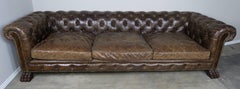 English Leather Tufted Chesterfield Style Sofa with Lion Paw Feet