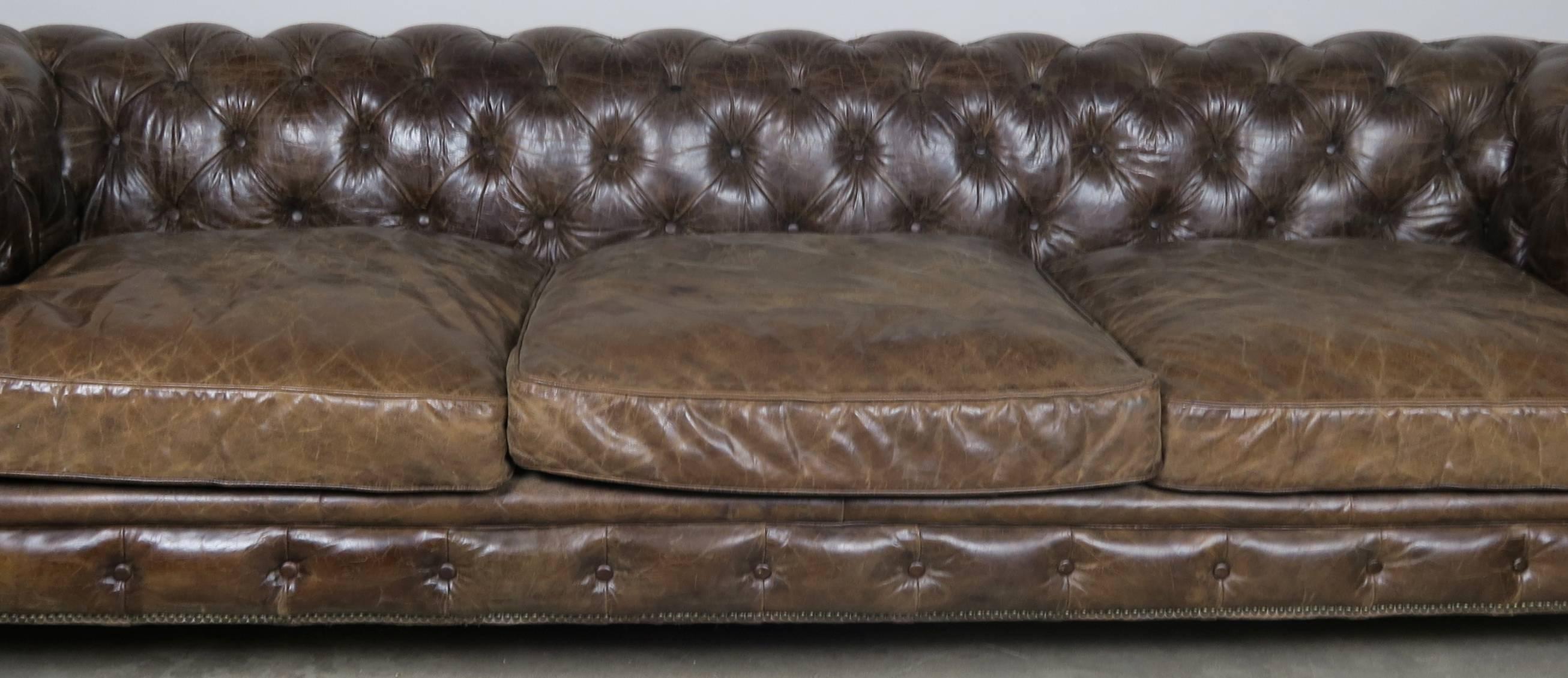 Carved English Leather Tufted Chesterfield Style Sofa with Lion Paw Feet