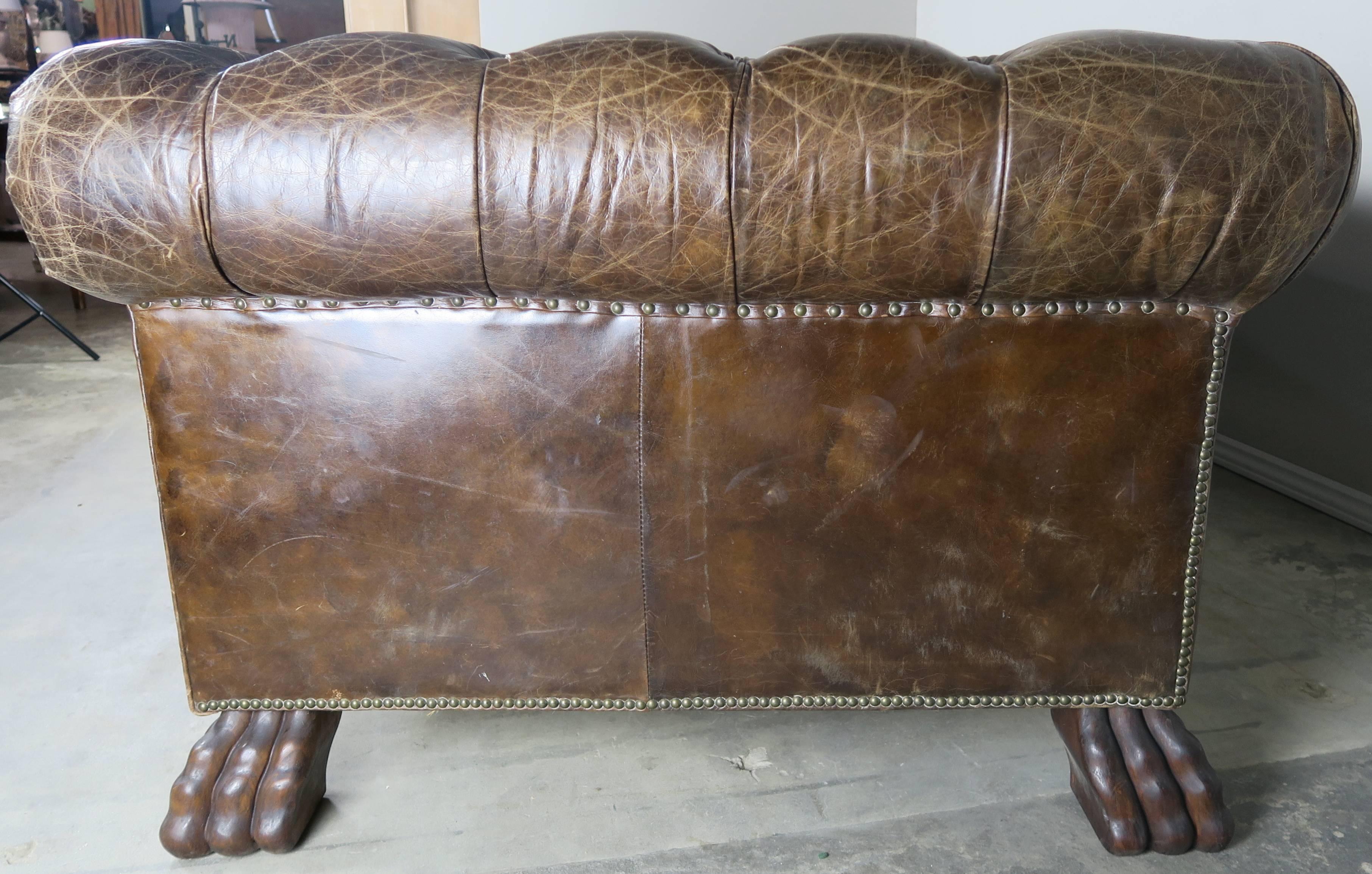 20th Century English Leather Tufted Chesterfield Style Sofa with Lion Paw Feet