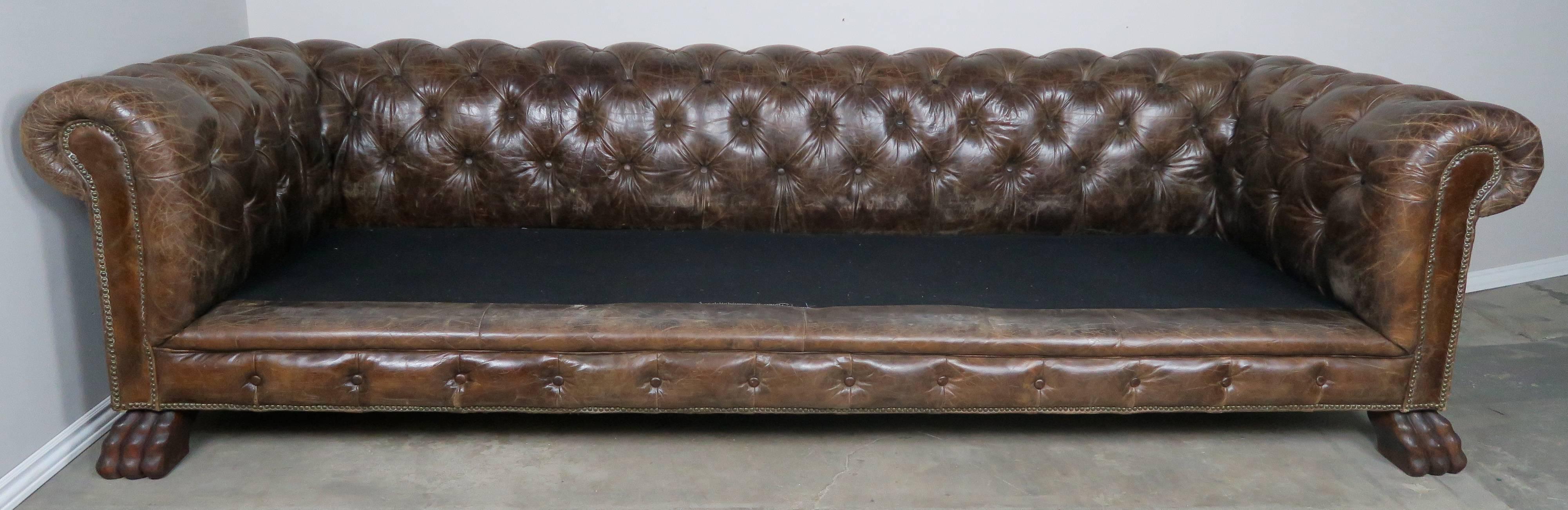 English Leather Tufted Chesterfield Style Sofa with Lion Paw Feet 1