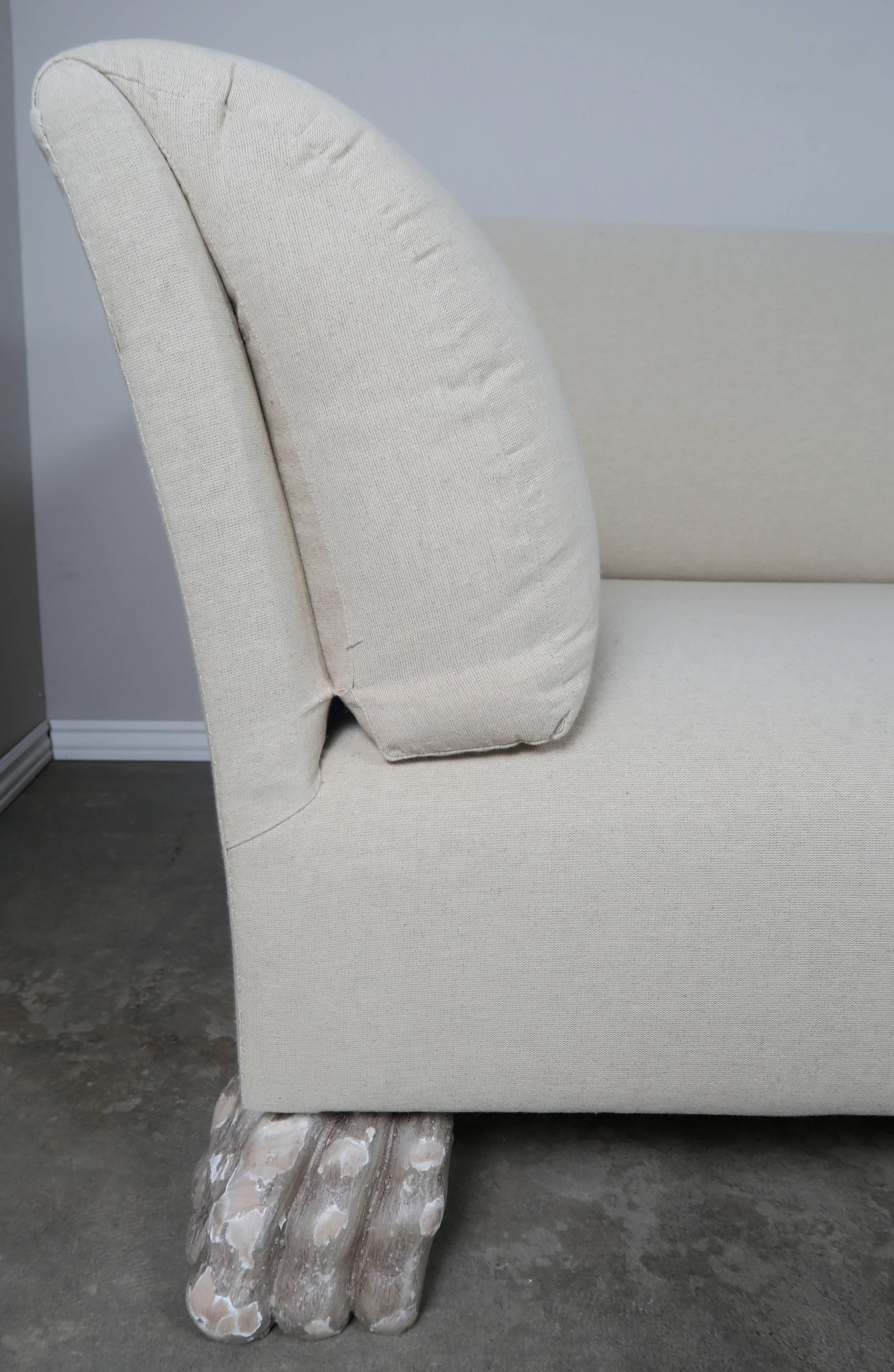 Organic Modern Swedish Linen Grand Sofa Carved Lion Feet