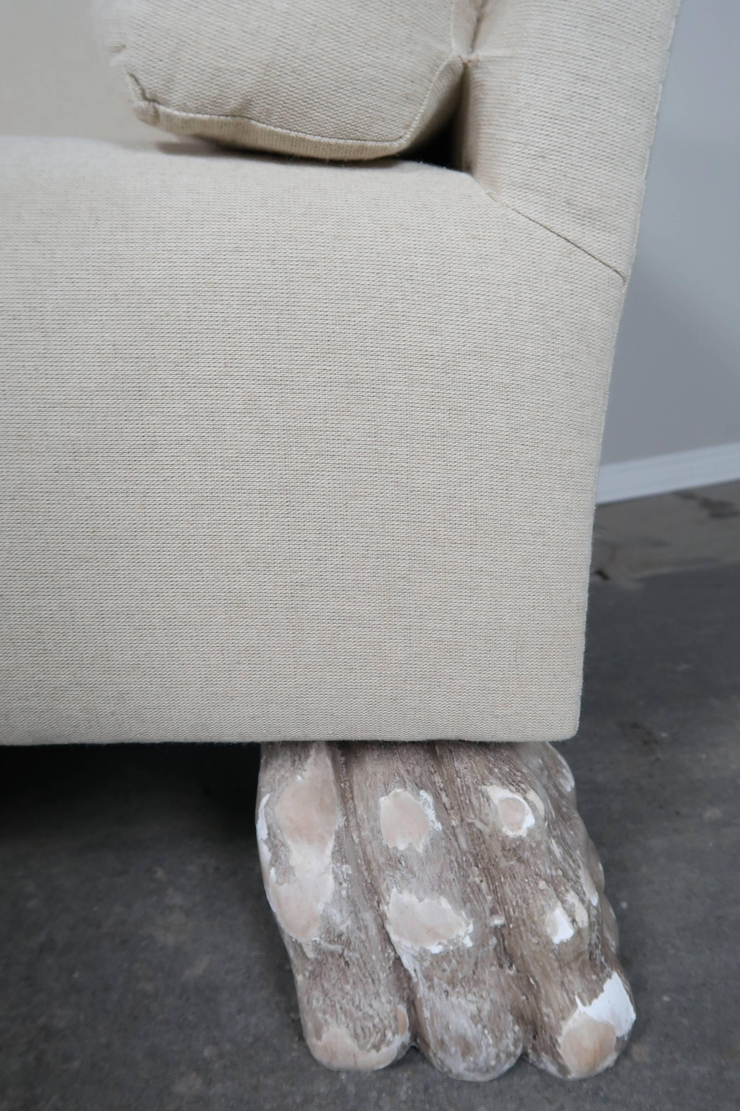 American Swedish Linen Grand Sofa Carved Lion Feet