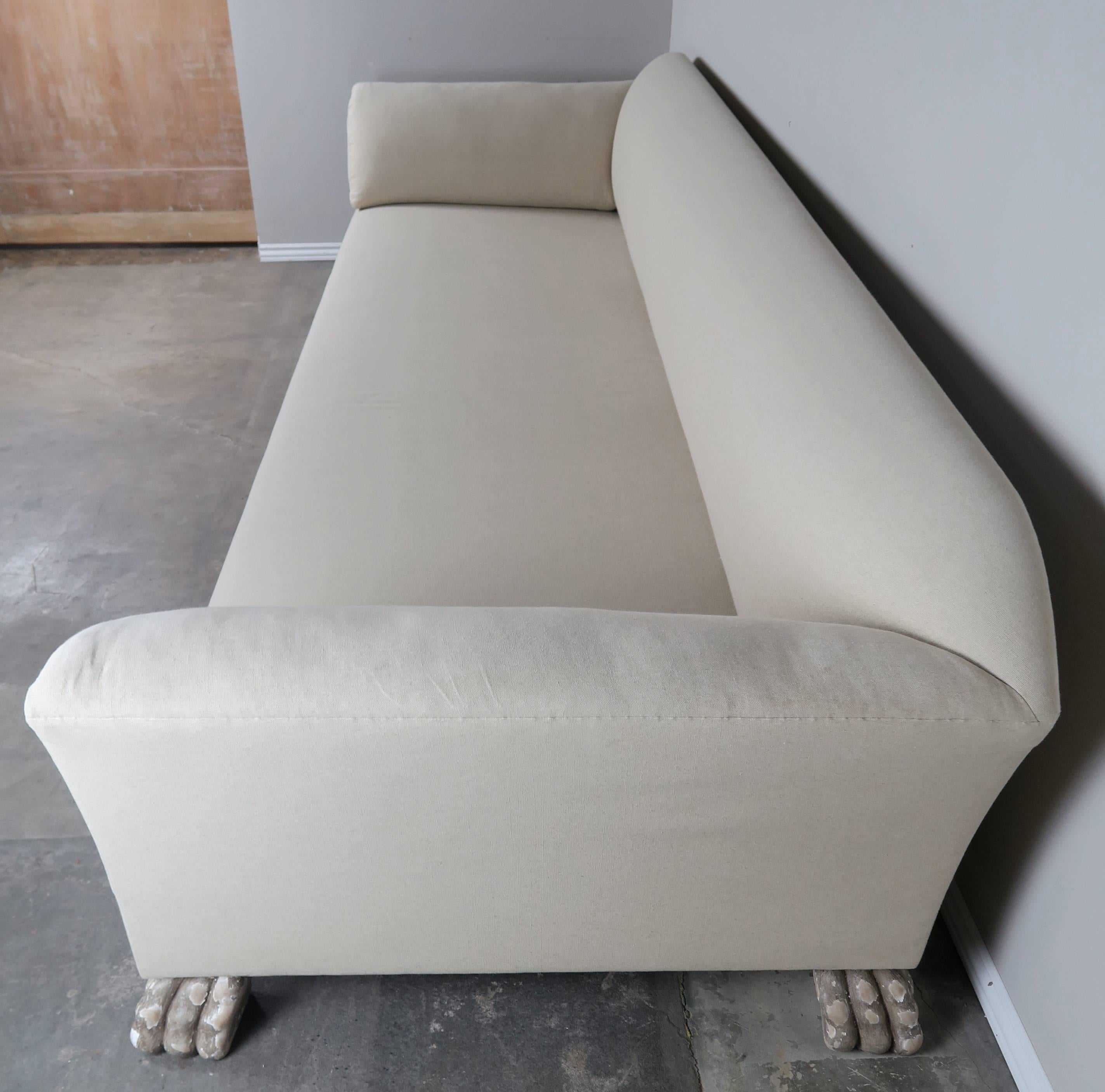 Swedish Linen Grand Sofa Carved Lion Feet 1