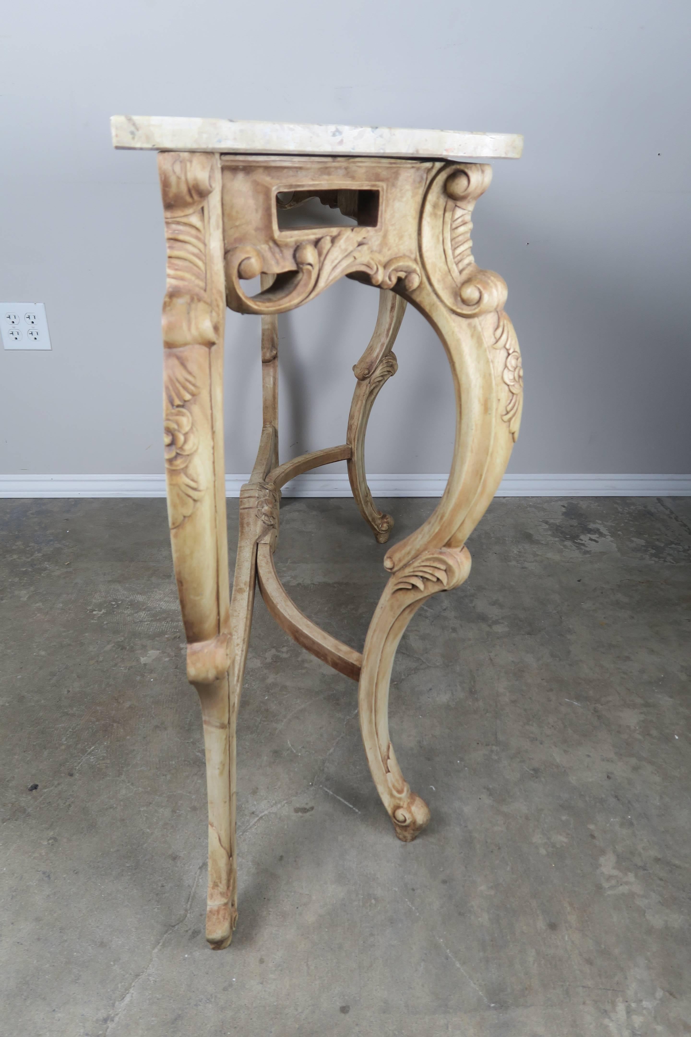 Hand-Painted French Natural Carved Wood Console with Marble Top