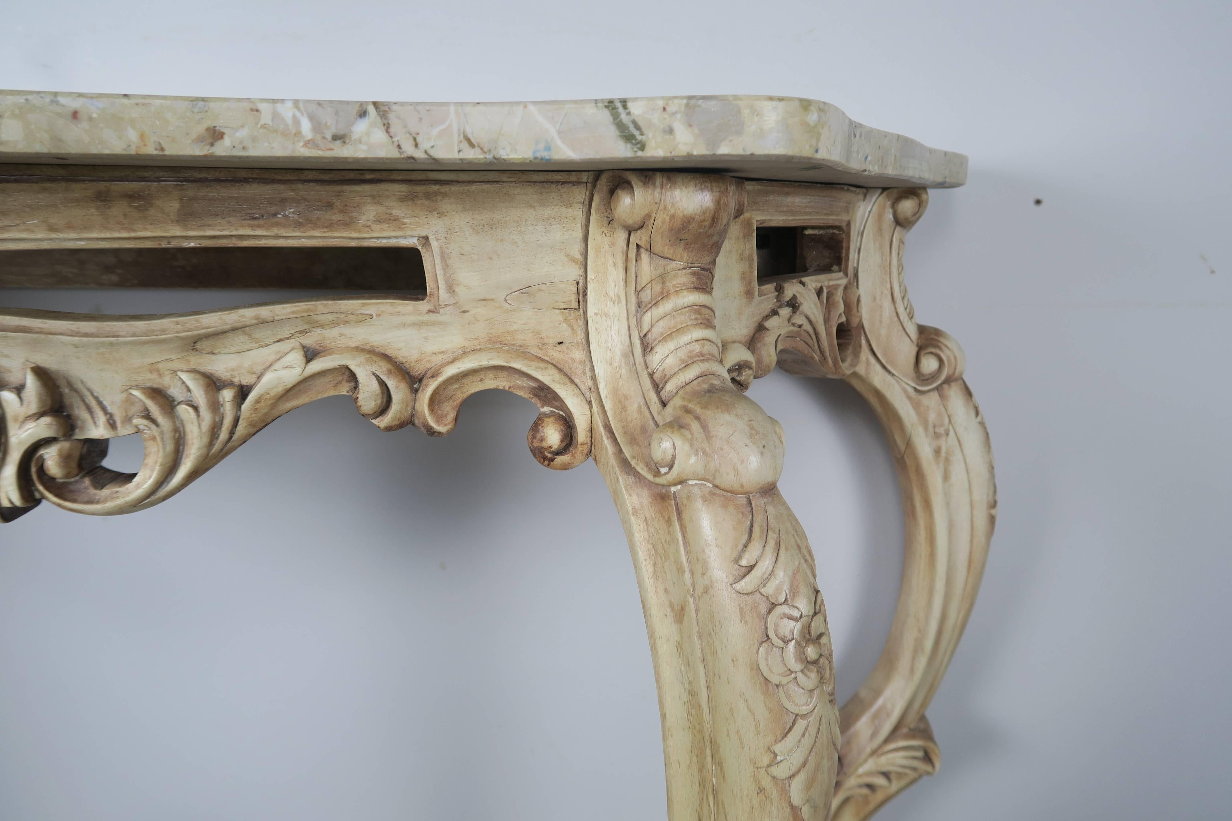 Louis XV French Natural Carved Wood Console with Marble Top