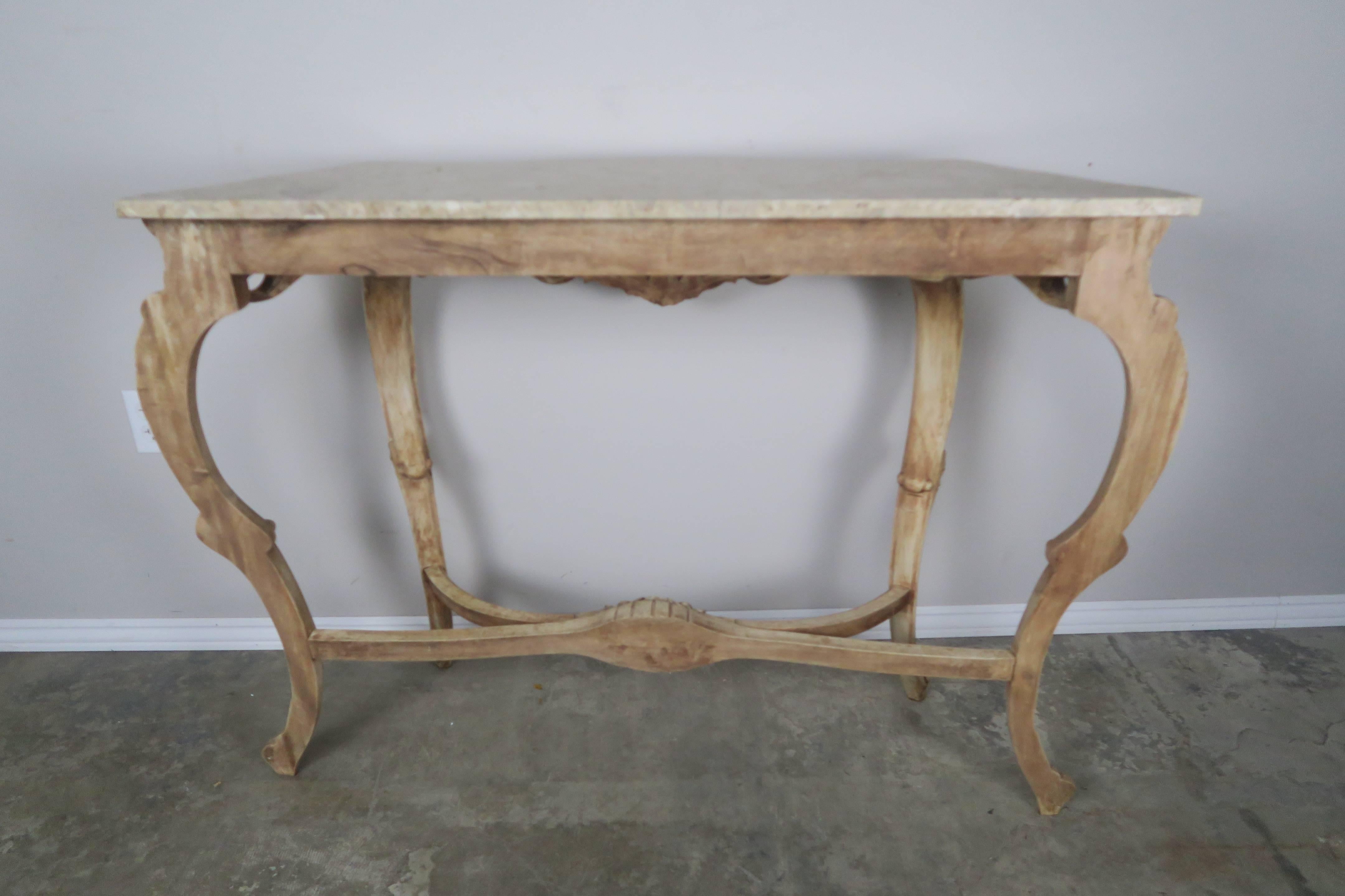 French Natural Carved Wood Console with Marble Top In Distressed Condition In Los Angeles, CA