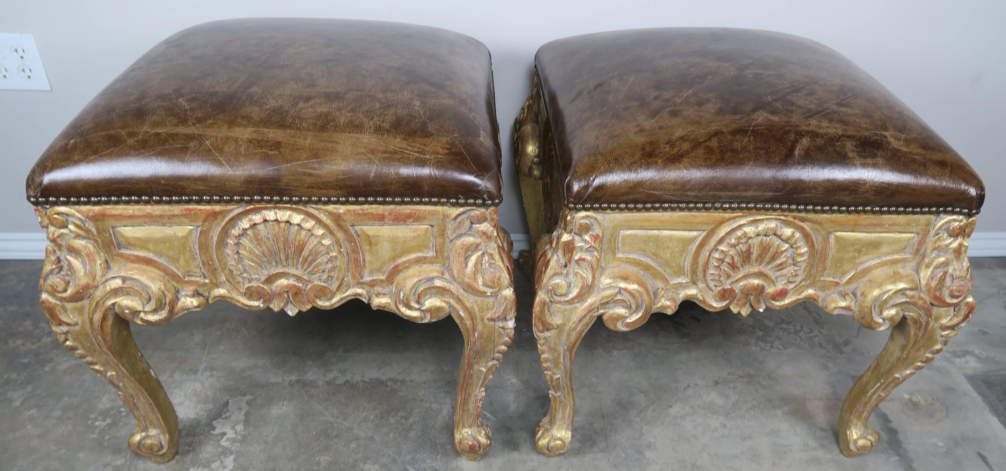 Pair of French Giltwood Leather Upholstered Benches In Distressed Condition In Los Angeles, CA