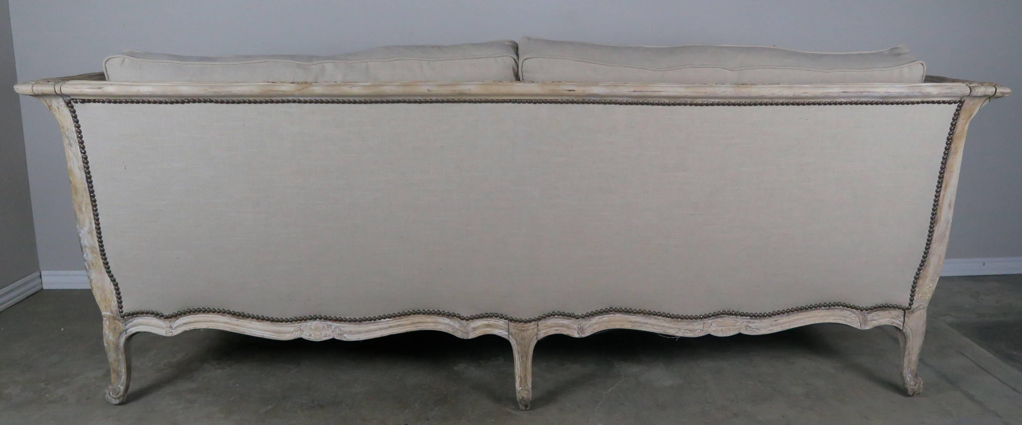 19th Century French Natural Carved Wood Sofa with Linen Upholstery 4