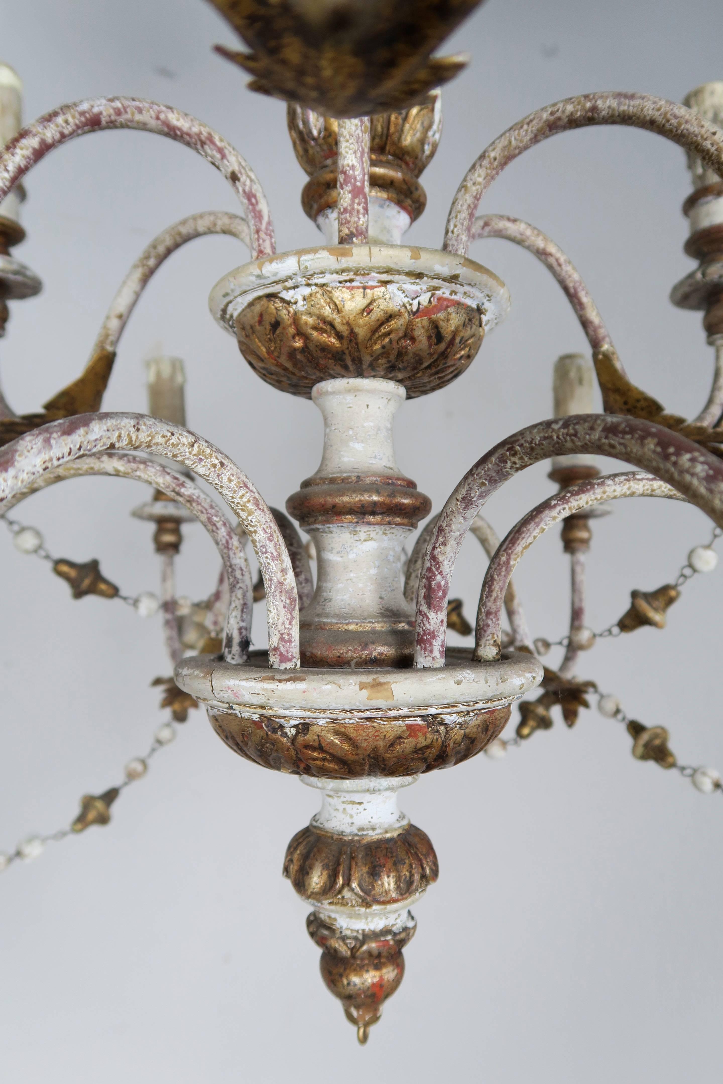 Hand-Painted Italian Wood Beaded Painted and Parcel-Gilt Chandelier