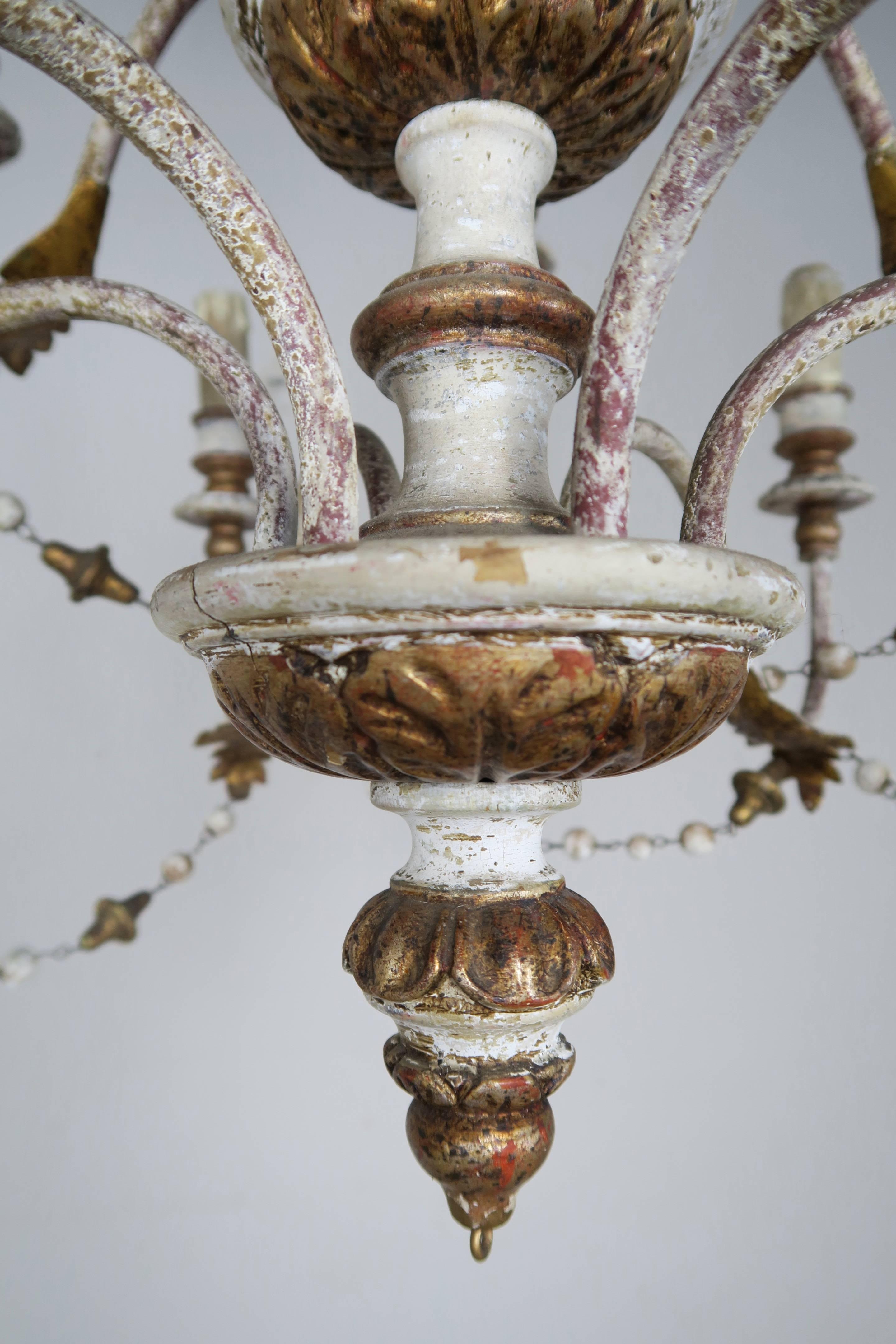 20th Century Italian Wood Beaded Painted and Parcel-Gilt Chandelier