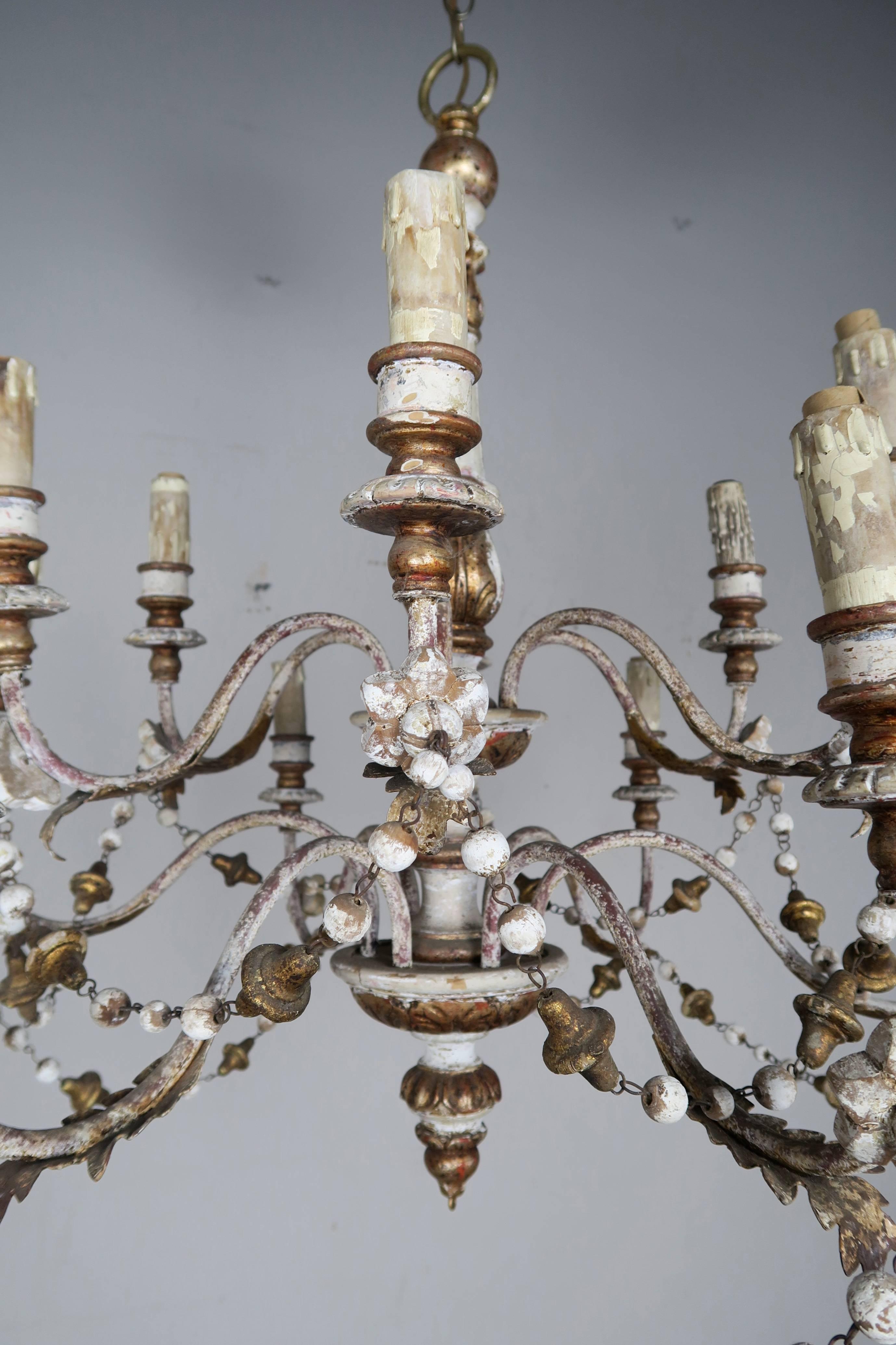 Rococo Italian Wood Beaded Painted and Parcel-Gilt Chandelier