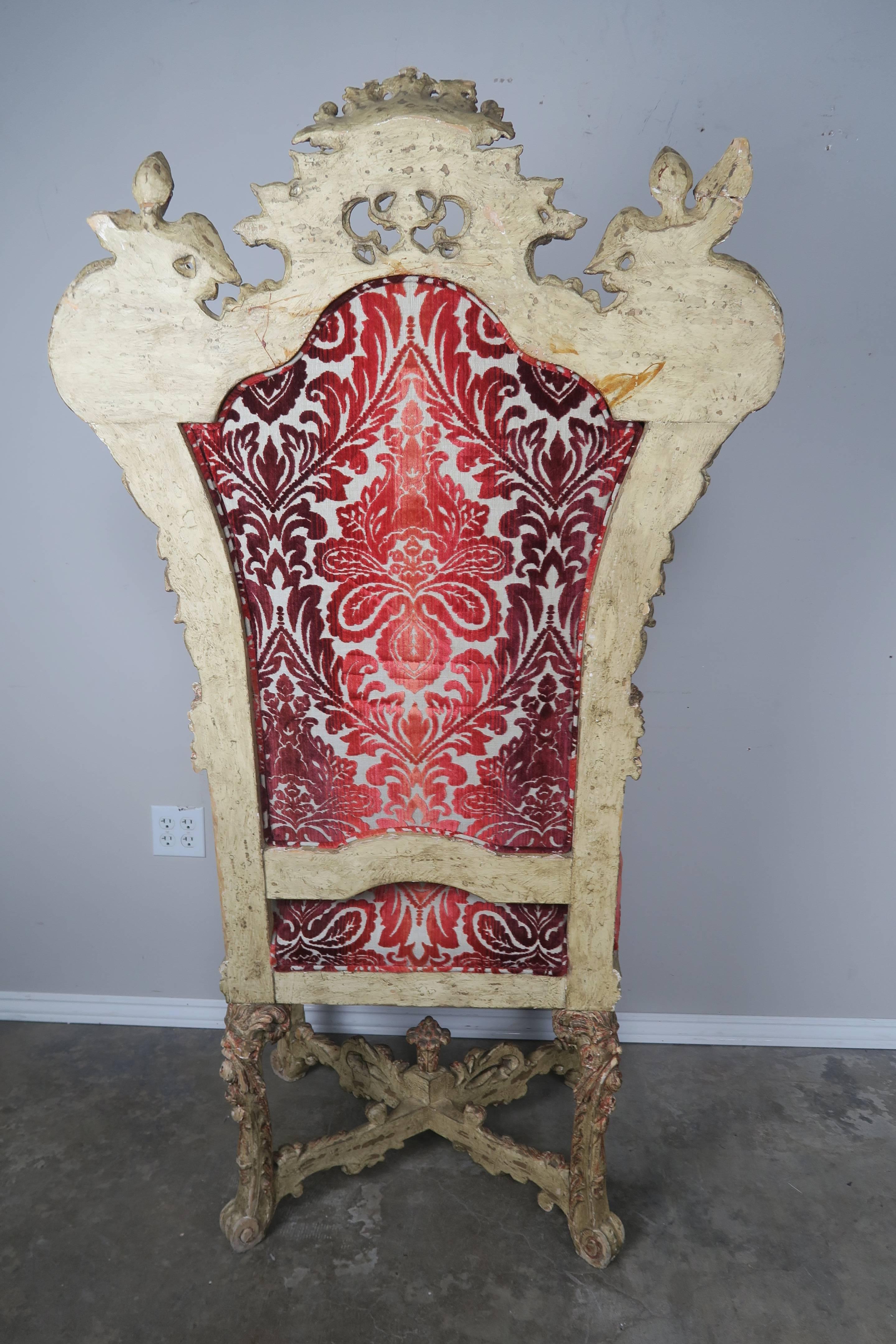 Rococo Monumental Carved Venetian Painted Armchairs, Pair
