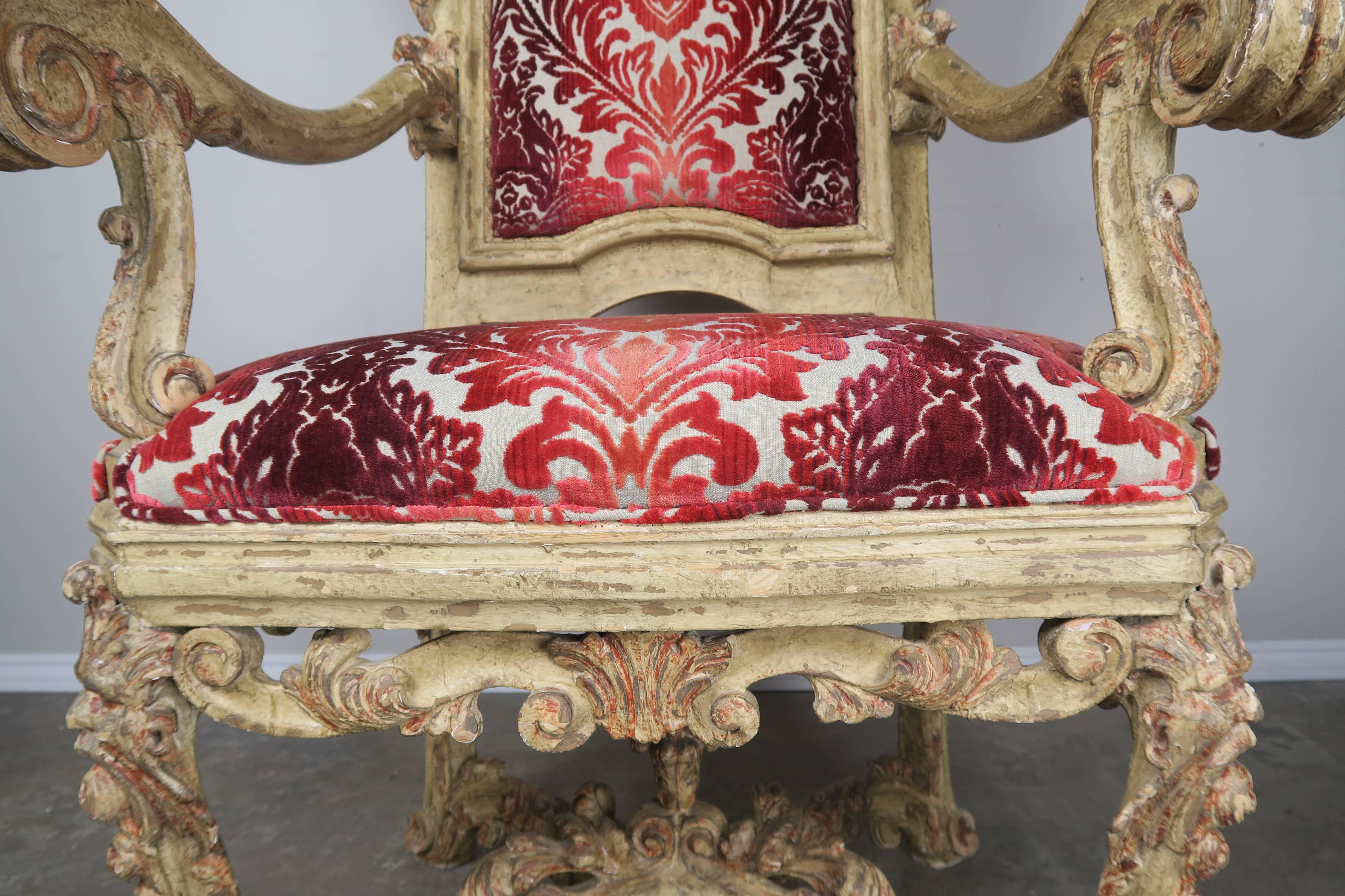 Velvet Monumental Carved Venetian Painted Armchairs, Pair