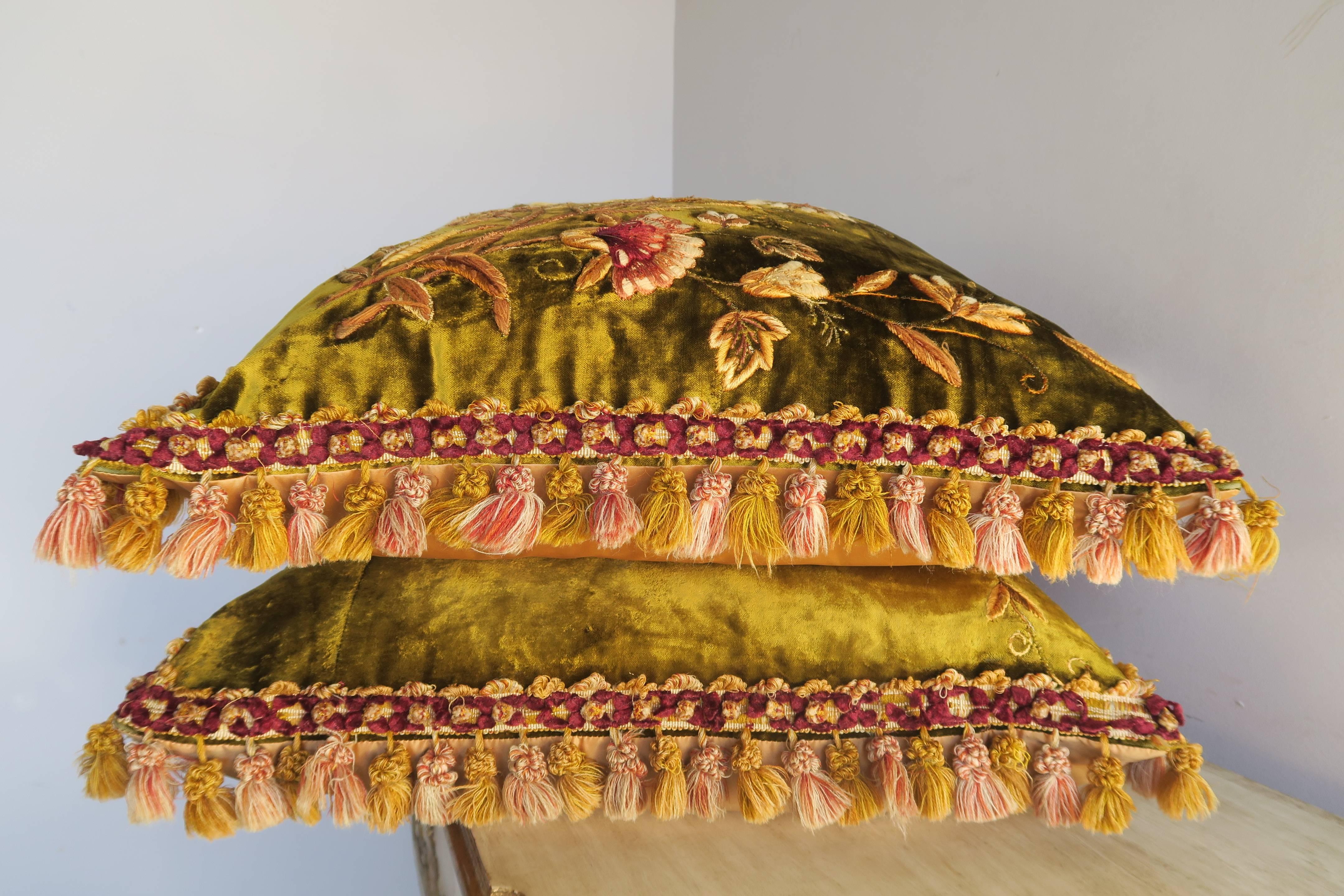 Victorian Antique Silk Velvet Embroidered Pillows, Pair