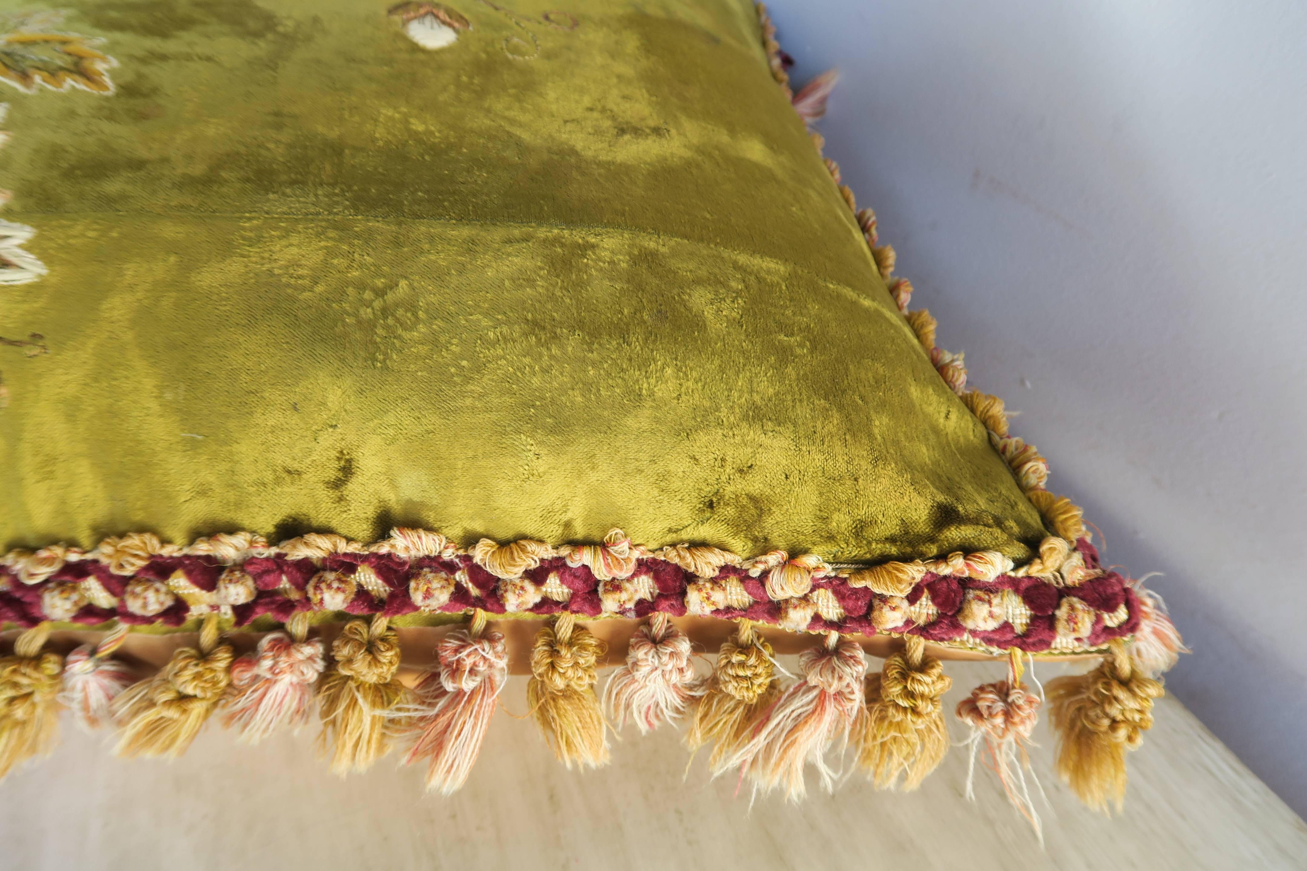 English Antique Silk Velvet Embroidered Pillows, Pair