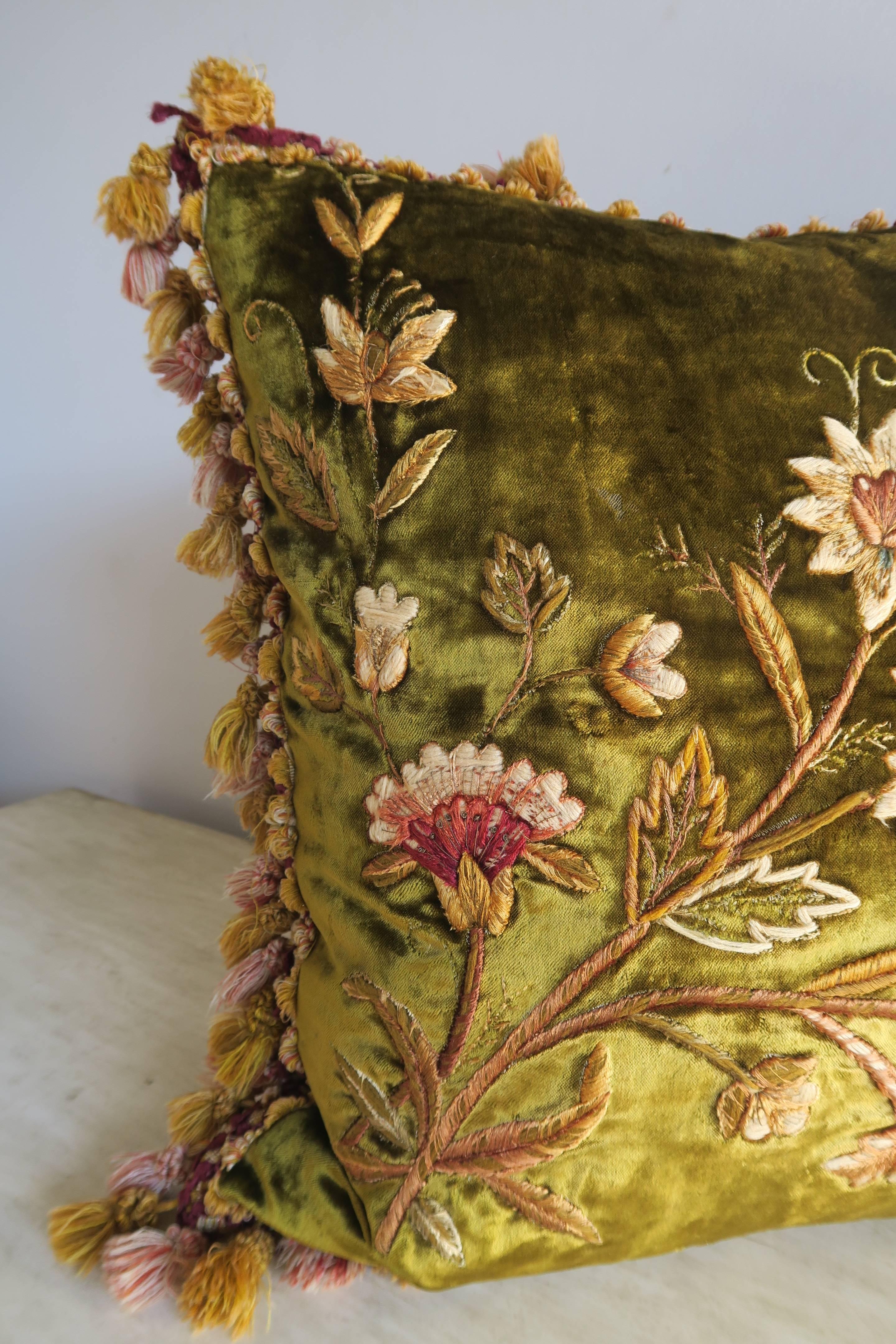 Antique Silk Velvet Embroidered Pillows, Pair In Good Condition In Los Angeles, CA