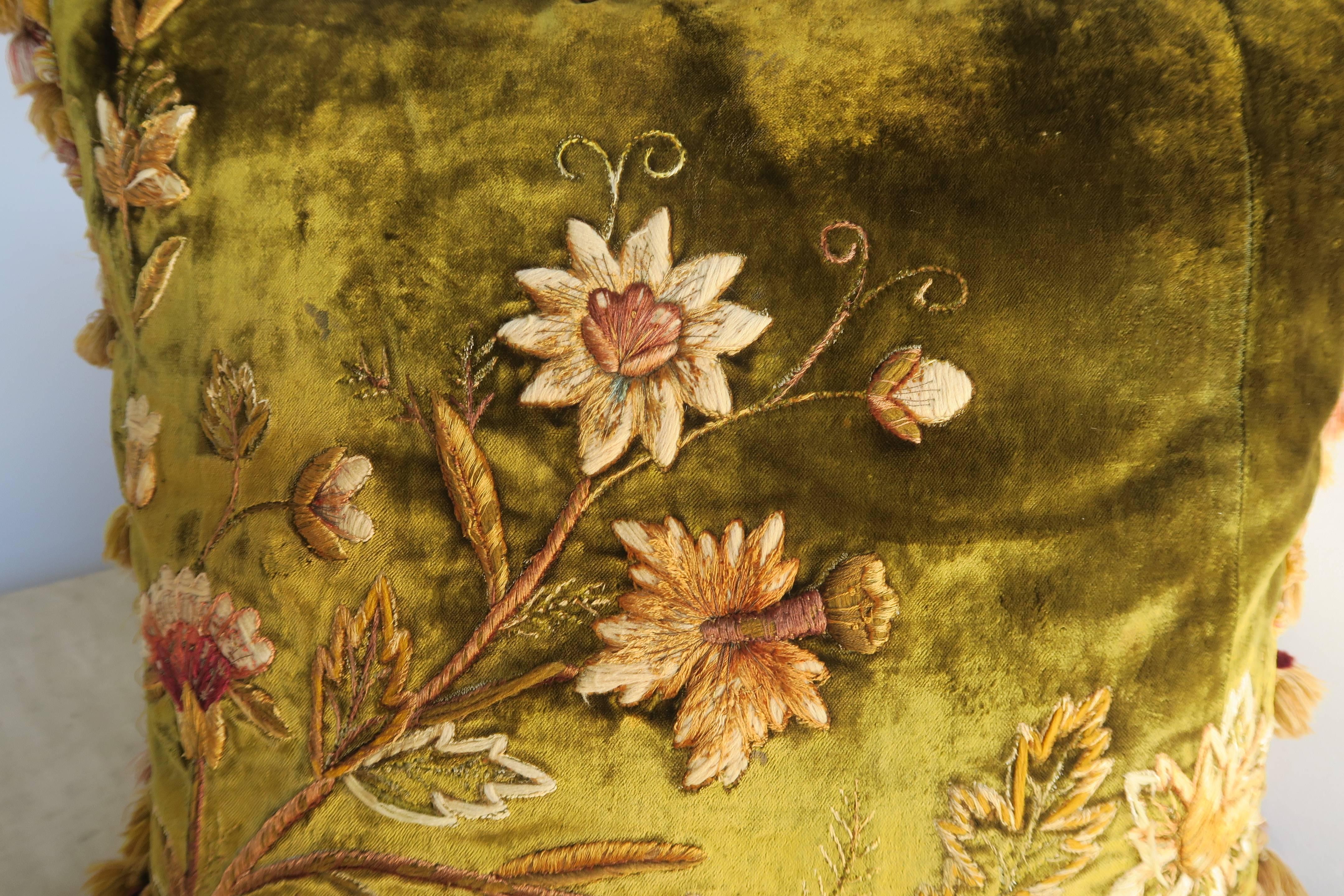 Antique Silk Velvet Embroidered Pillows, Pair 1