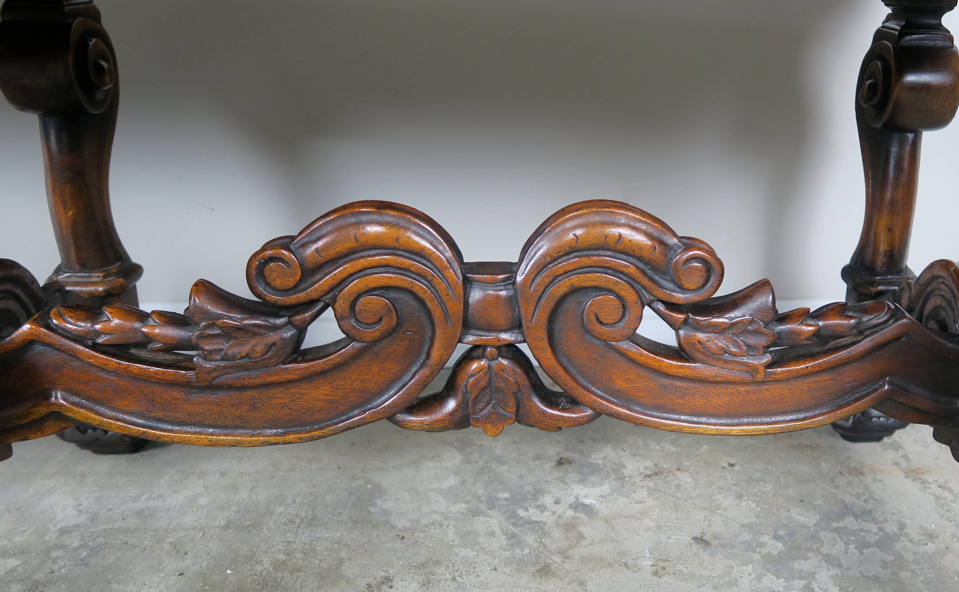 Carved English Walnut Leather Six-Legged Bench