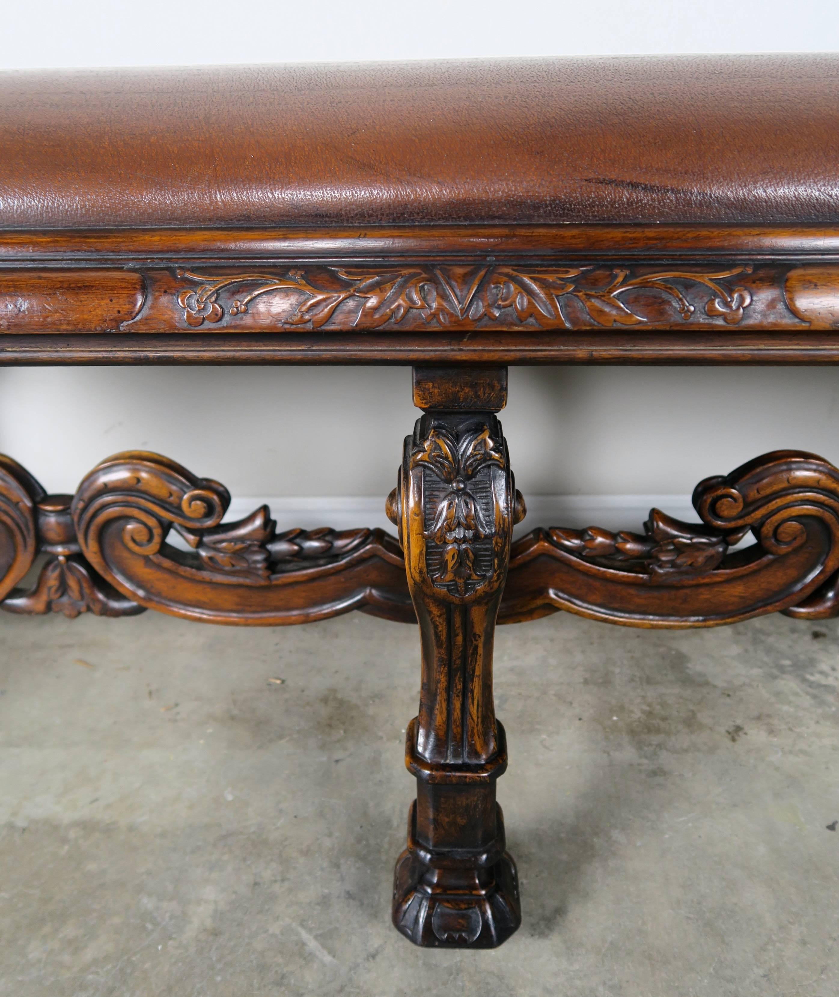 English Walnut Leather Six-Legged Bench In Excellent Condition In Los Angeles, CA