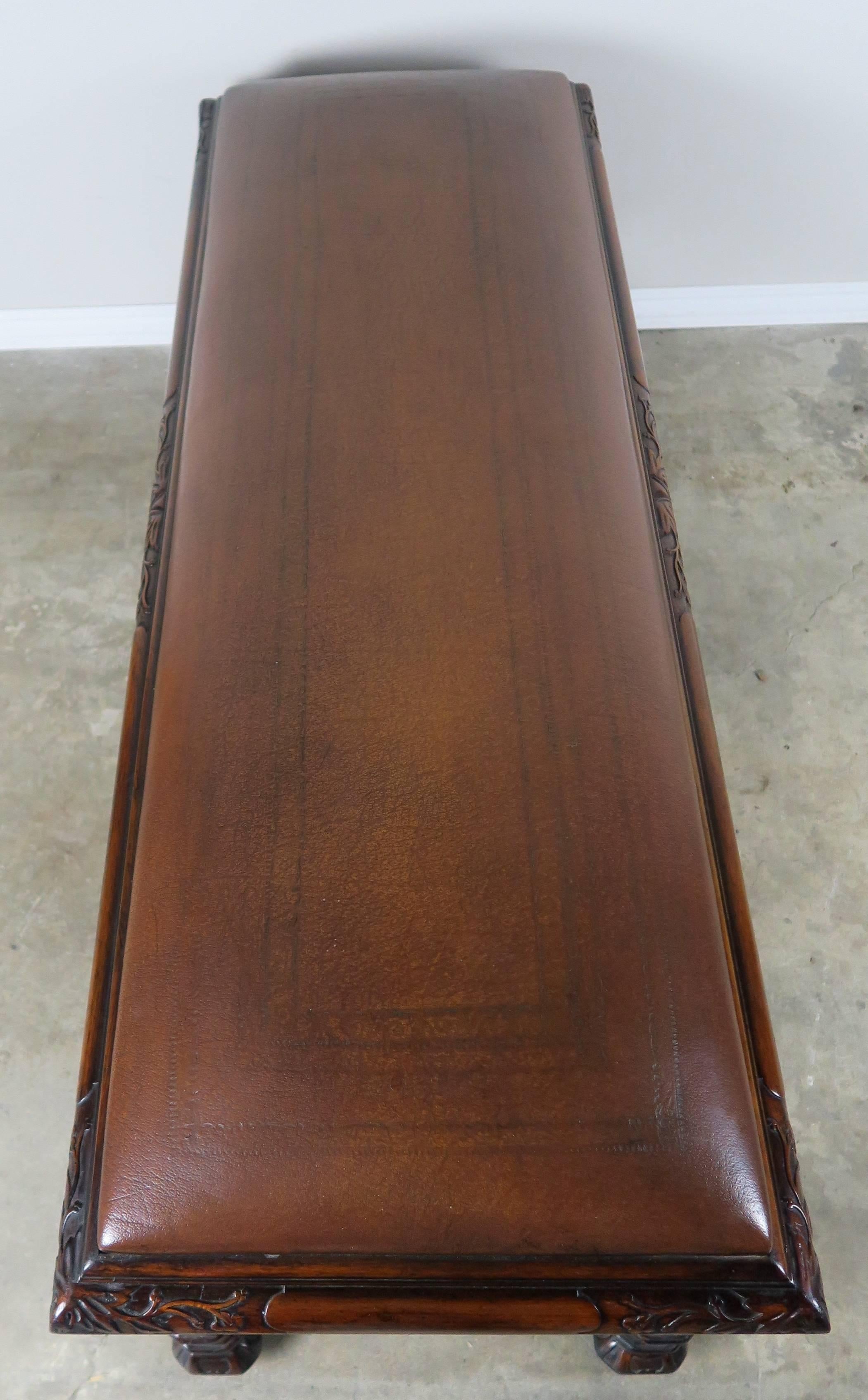 English Walnut Leather Six-Legged Bench 2