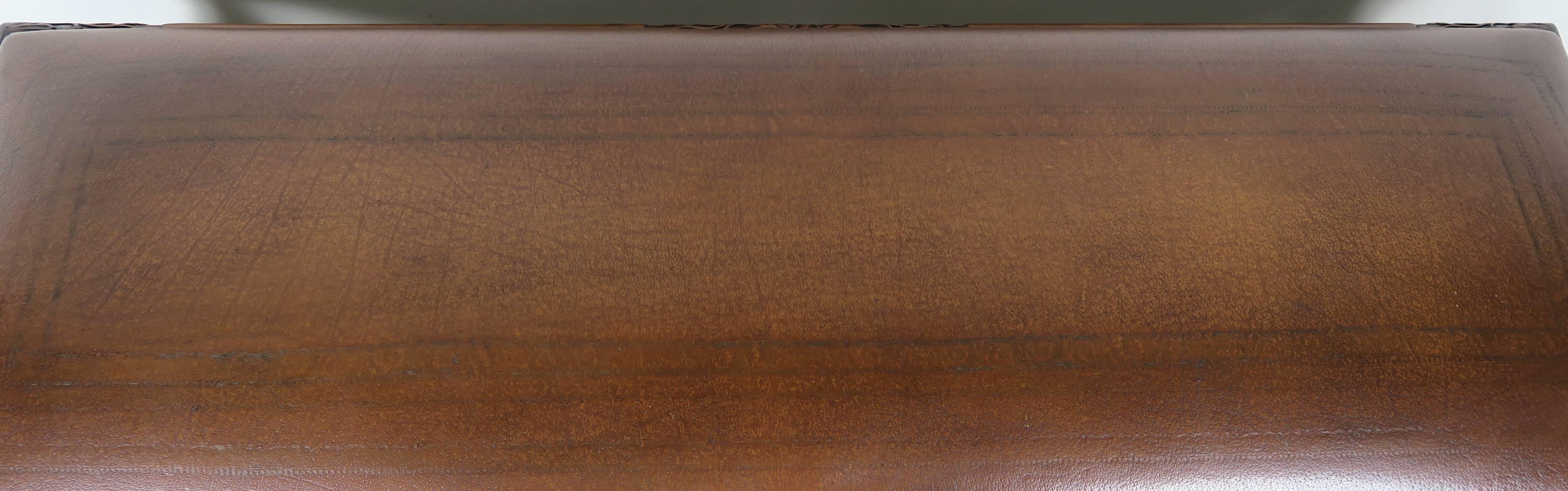 English Walnut Leather Six-Legged Bench 3